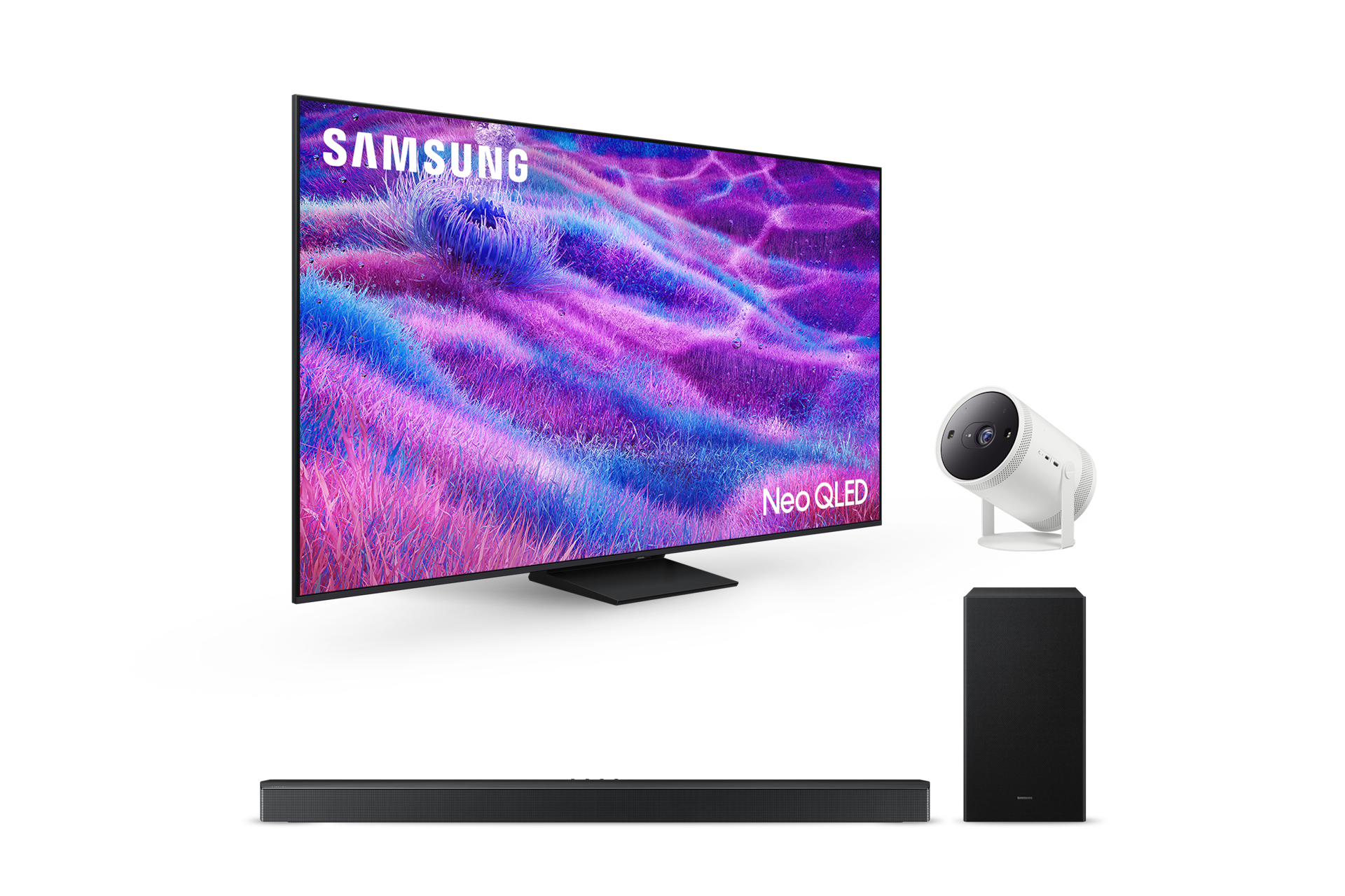 2025 Neo QLED QNF80 (189cm) 스탠드형 우측 45도+The Freestyle 2세대 좌측 45도+5.1ch 사운드바 B750F 정면 페어이미지
