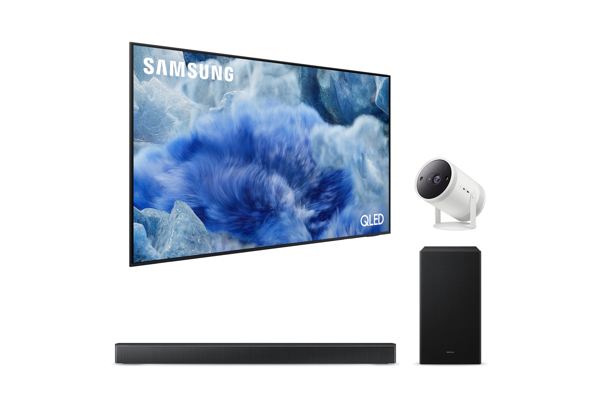 2025 QLED 4K QF8A (214cm) 풀 모션 슬림핏 벽걸이형 우측 45도+The Freestyle 2세대 좌측 45도+3.1ch 사운드바 B650F 정면 페어이미지