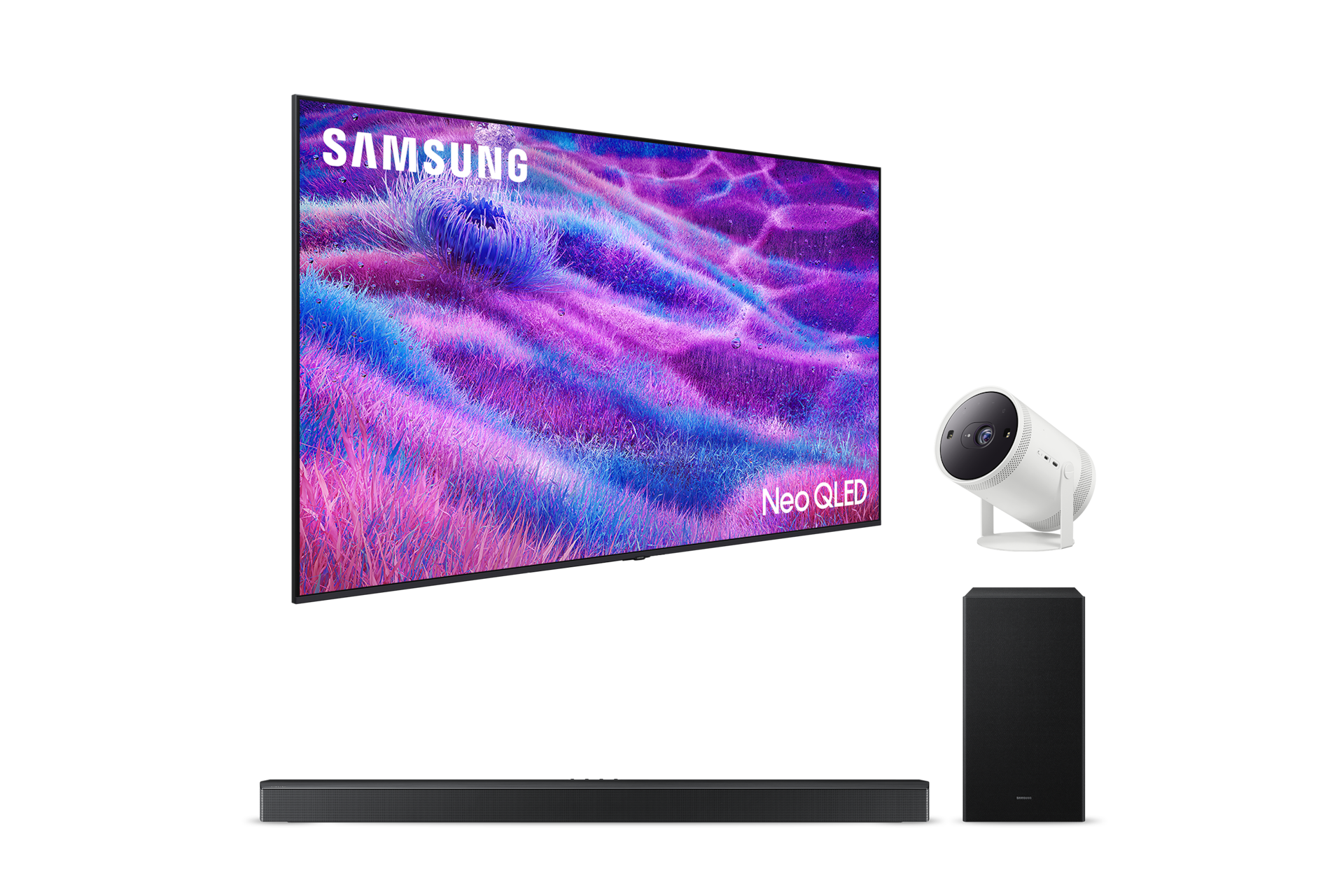 2025 Neo QLED QNF80 (163cm) 풀 모션 슬림핏 벽걸이형 우측 45도+The Freestyle 2세대 좌측 45도+5.1ch 사운드바 B750F 정면 페어이미지