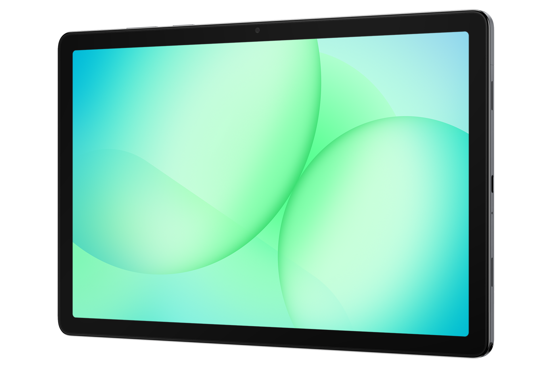 갤럭시 탭 A11+ 5G 그레이 디스플레이가 보이는 앞면 우측 45도 