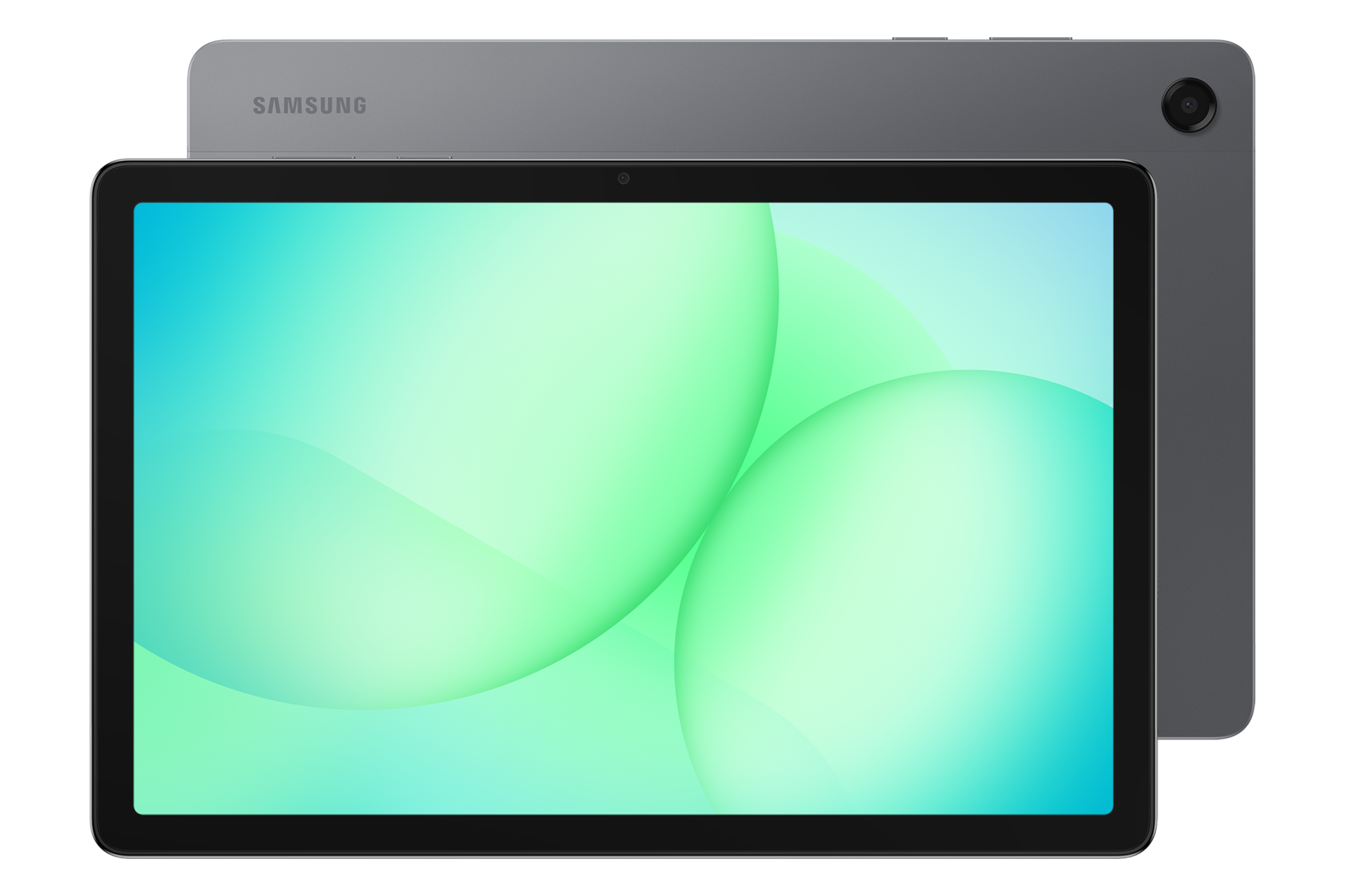 갤럭시 탭 A11+ (Wi-Fi) 그레이 탭 두개가 포개진 모습, 아래쪽 탭은 카메라 홀이 보이는 뒷모습이 보이고 위에 올려진 탭은 디스플레이가 보이는 정면