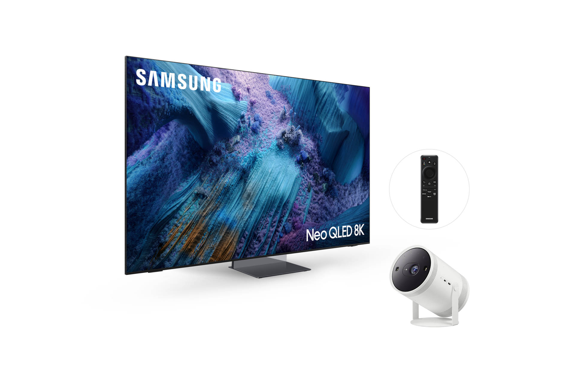 2025 Neo QLED 8K QNF990 (214cm) (솔라셀 리모트 포함) 스탠드형 우측 45도+The Freestyle 2세대 좌측 45도 페어이미