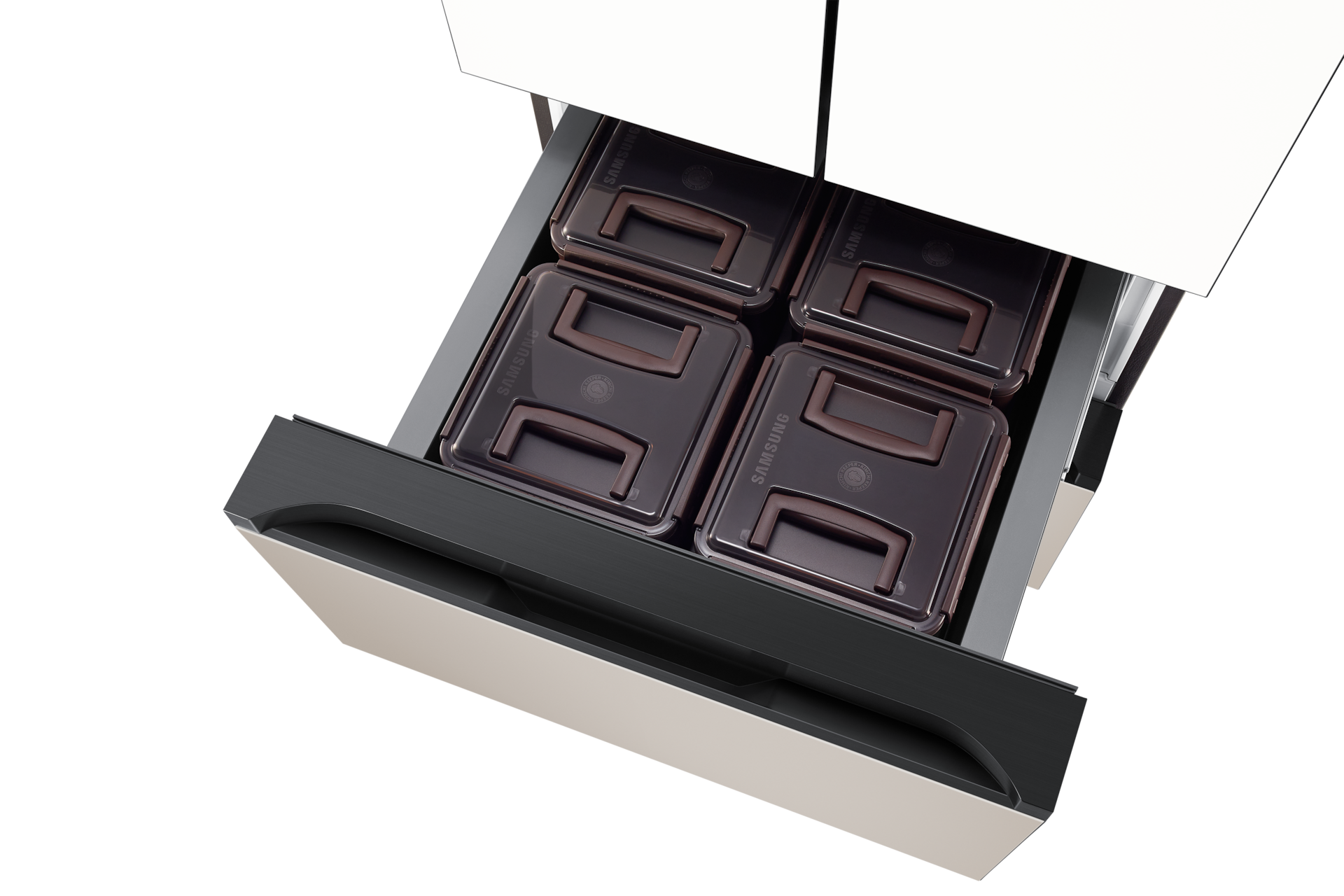 Bespoke AI 김치플러스 4도어 586L 상칸 에센셜 화이트/ 중·하칸 에센셜 베이지 중칸 슬라이드 아웃(김치통 포함)