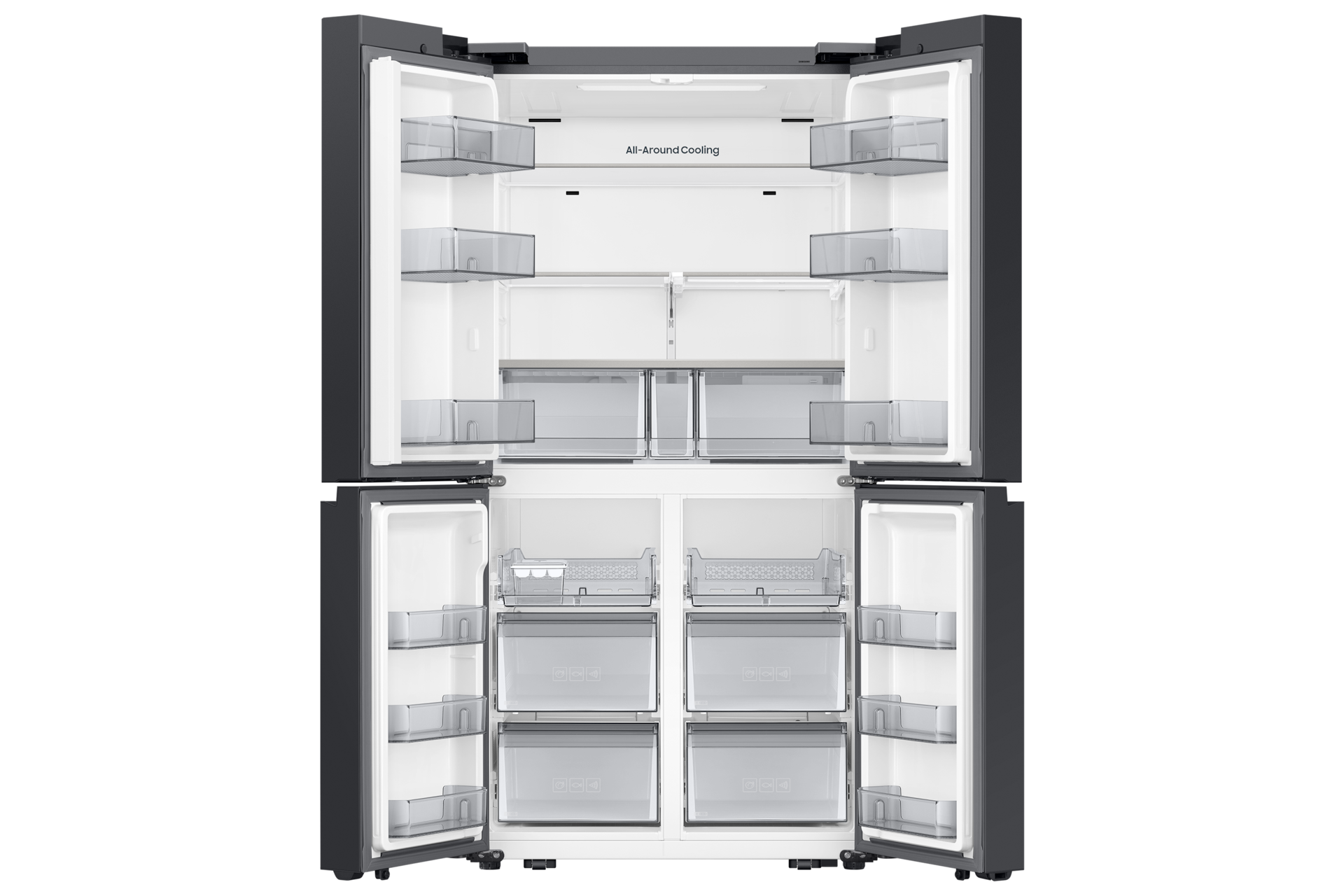 Bespoke AI 냉장고 4도어 905L 상칸 에센셜 화이트/ 중·하칸 에센셜 베이지 정면 도어 오픈