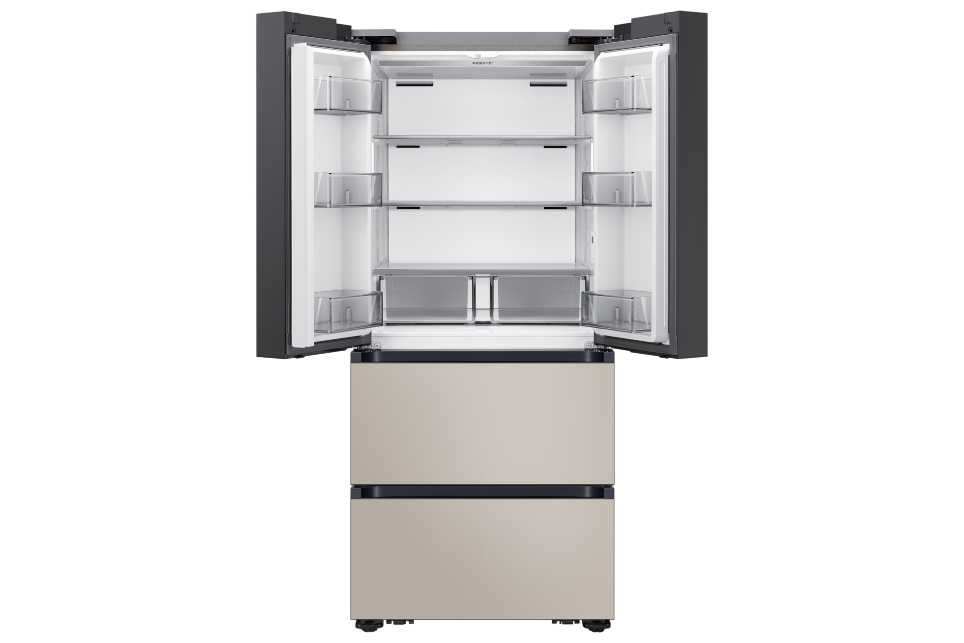 Bespoke AI 김치플러스 4도어 586L 상칸 에센셜 화이트/ 중·하칸 에센셜 베이지 상칸 도어 열림