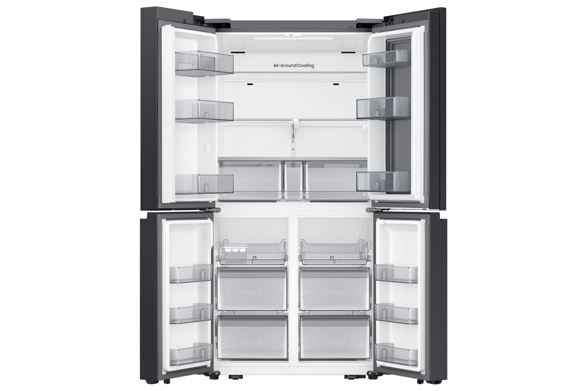 Bespoke AI 냉장고 4도어 902L 상칸 에센셜 화이트/ 중·하칸 에센셜 베이지 정면 도어 오픈
