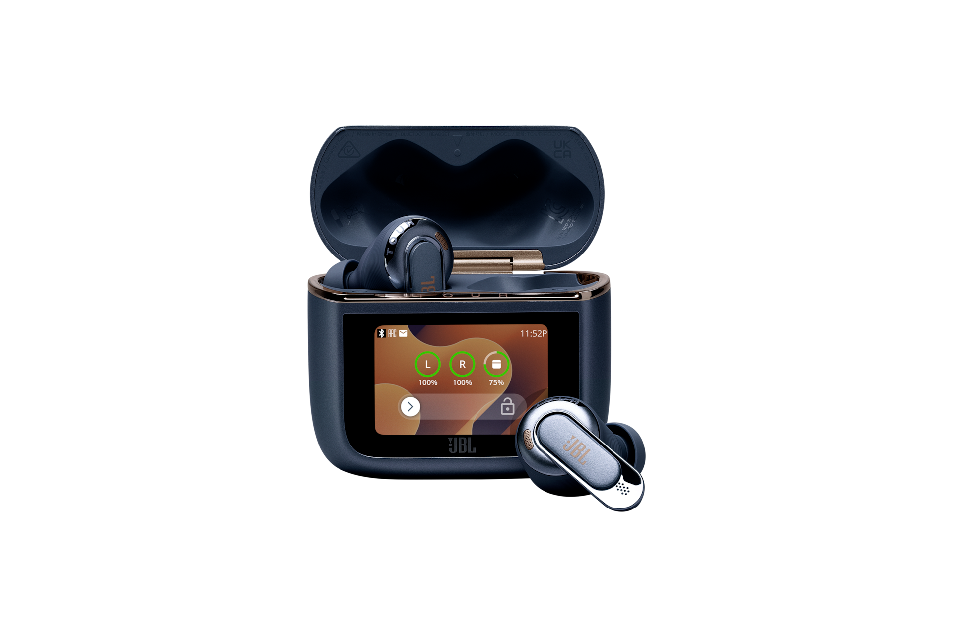 JBL TOUR PRO 3 프리미엄 노이즈 캔슬링 무선 이어폰 블 케이스가 열려 있으며 우측 이어폰이 케이스 밖으로 나와 있는 모습