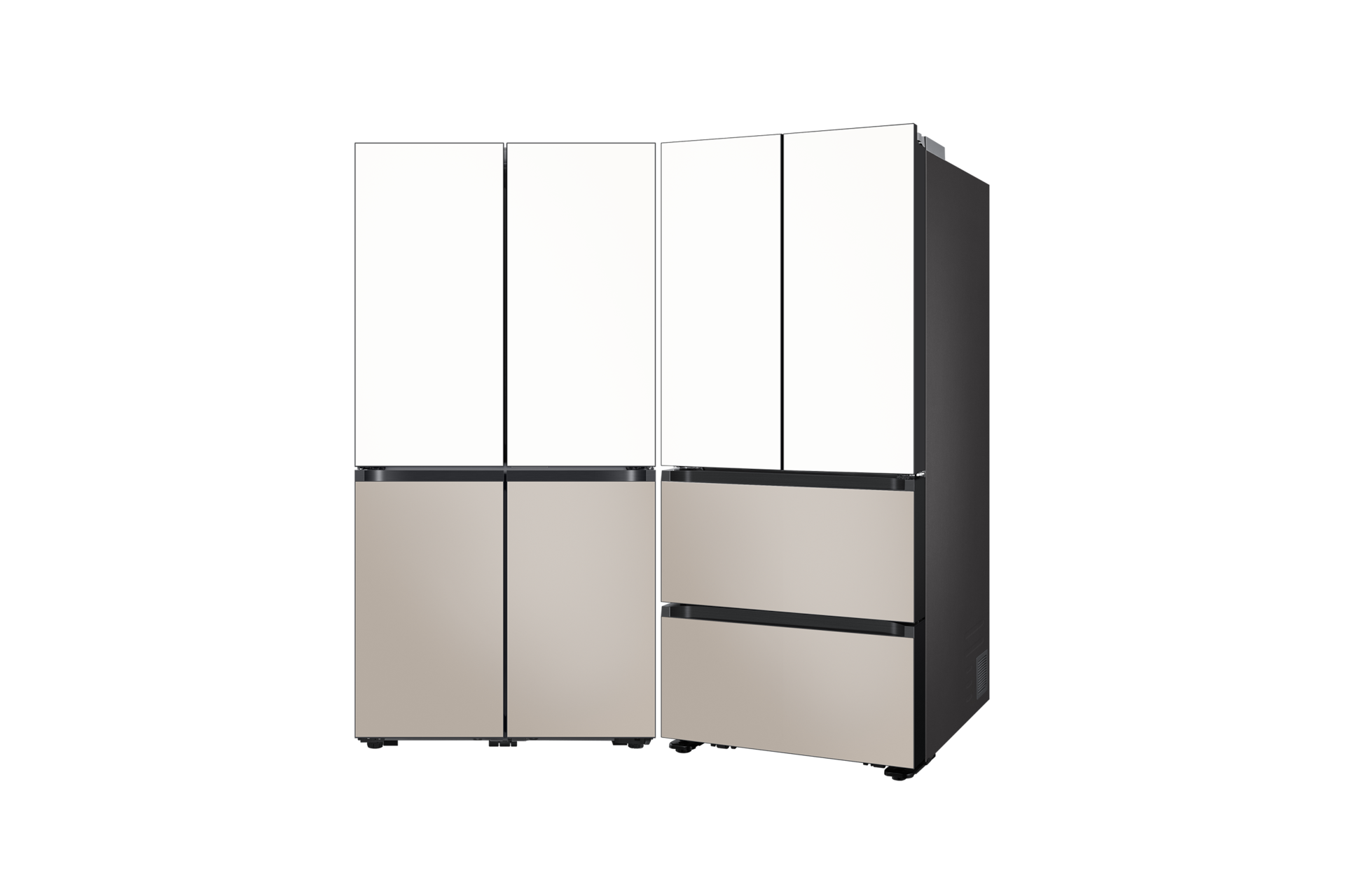 Bespoke AI 냉장고 4도어+김치플러스 4도어 905/586L 정면+측면 페어설치컷