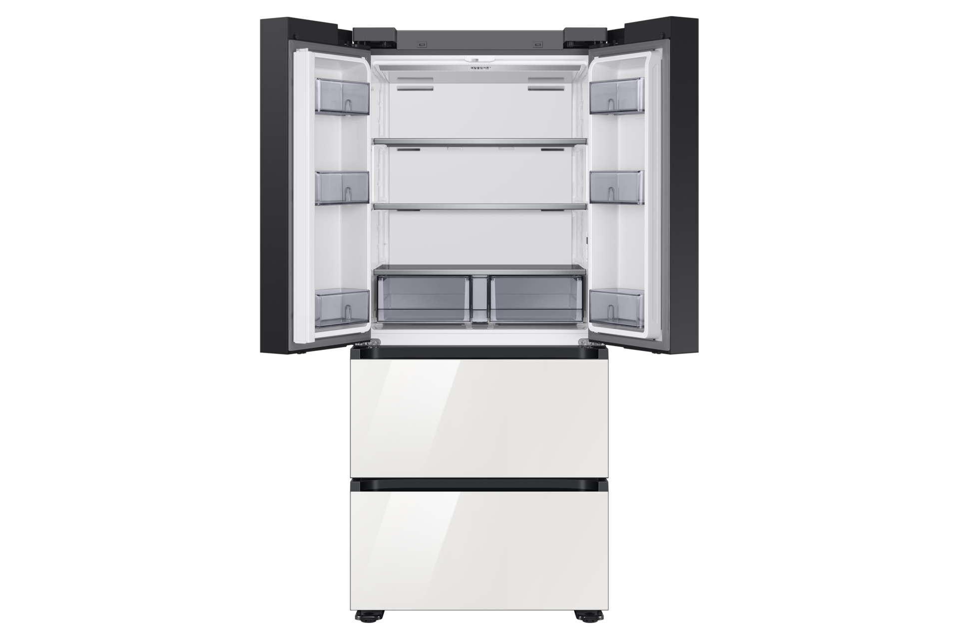 Bespoke AI 김치플러스 4도어 490L (AI 정온 모드) 클린 화이트 정면 상칸 도어 열림