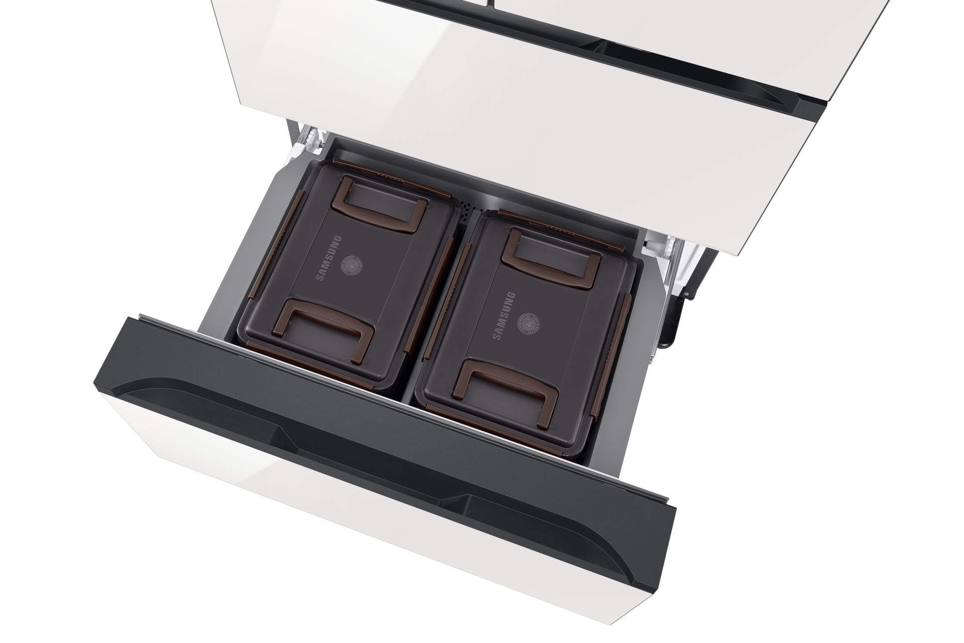 Bespoke AI 김치플러스 4도어 490L (AI 정온 모드) 클린 화이트 하칸 슬라이드 아웃, 윗면 시점