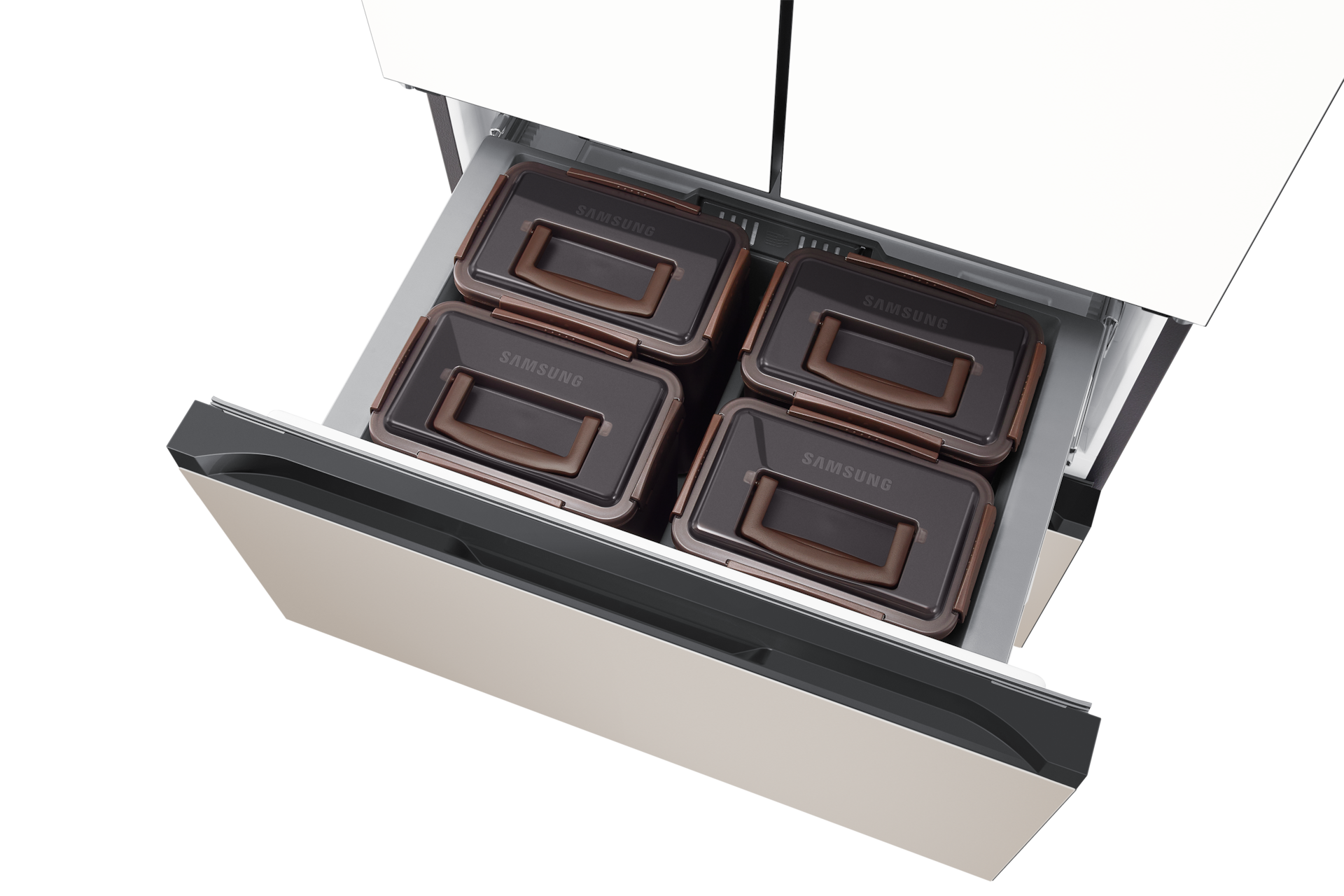 Bespoke AI 김치플러스 4도어 키친핏 Max 420L (냄새케어 김치통), 상칸 에센셜 화이트 / 중·하칸 에센셜 베이지 중칸 슬라이드 아웃, 윗면 시점(김치통 포함)