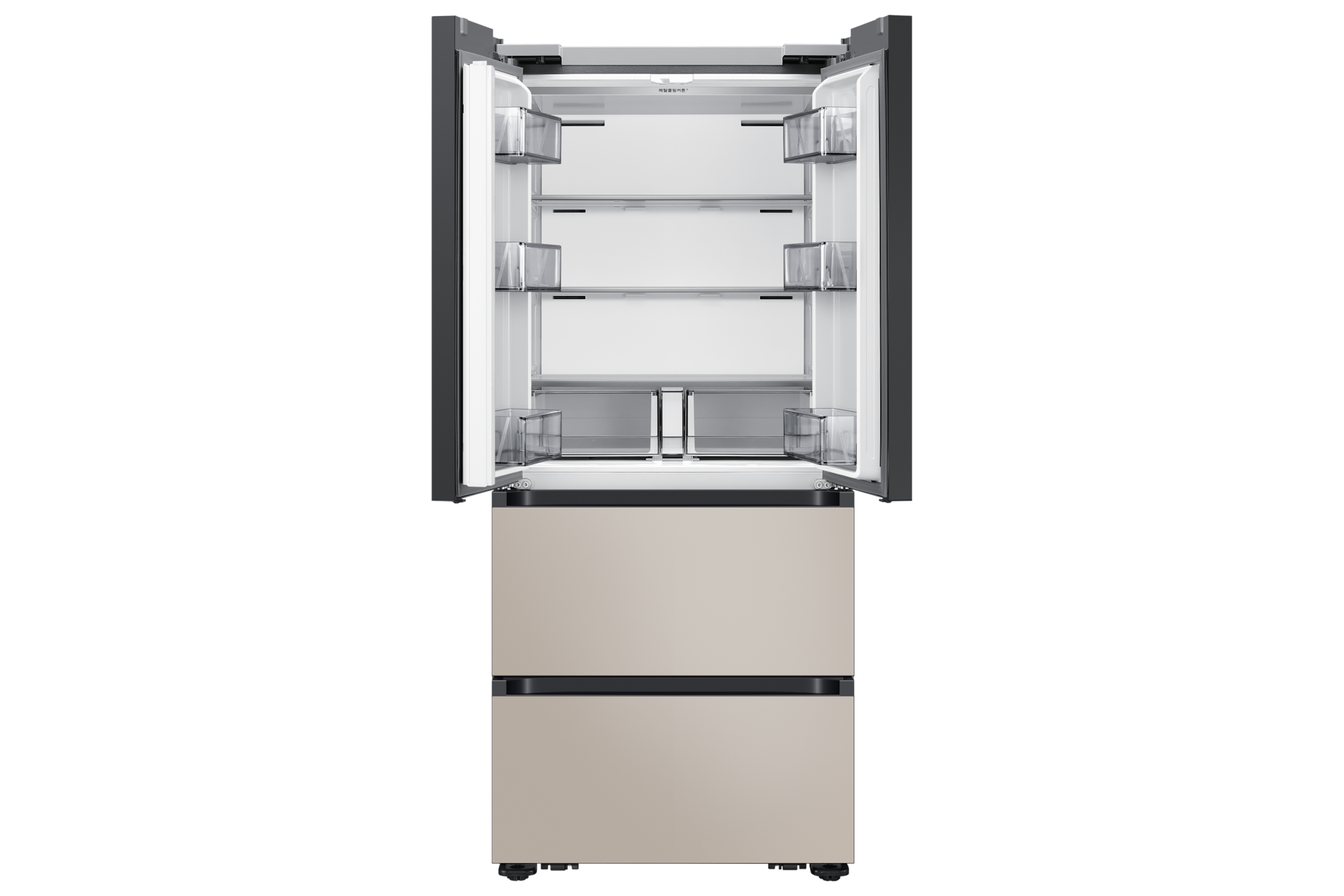 Bespoke AI 김치플러스 4도어 키친핏 Max 420L (냄새케어 김치통), 상칸 에센셜 화이트 / 중·하칸 에센셜 베이지 정면 상칸 도어 열림