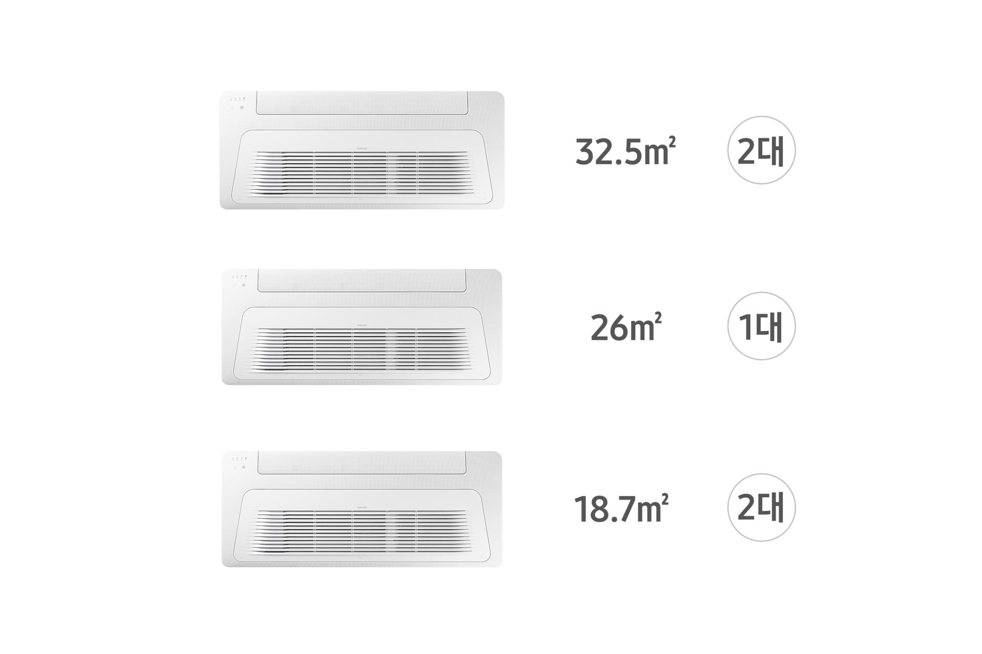 가정용 무풍 시스템에어컨 128.4㎡ 5실 1way 가정용 시스템에어컨 실내기 리스트 형식으로 첫번째 줄 부터 AJ072BN1PBC1 58.5㎡ 2대, AJ032BN1PBC1 26㎡ 1대, AJ023BN1PBC1 18.7㎡ 2대 