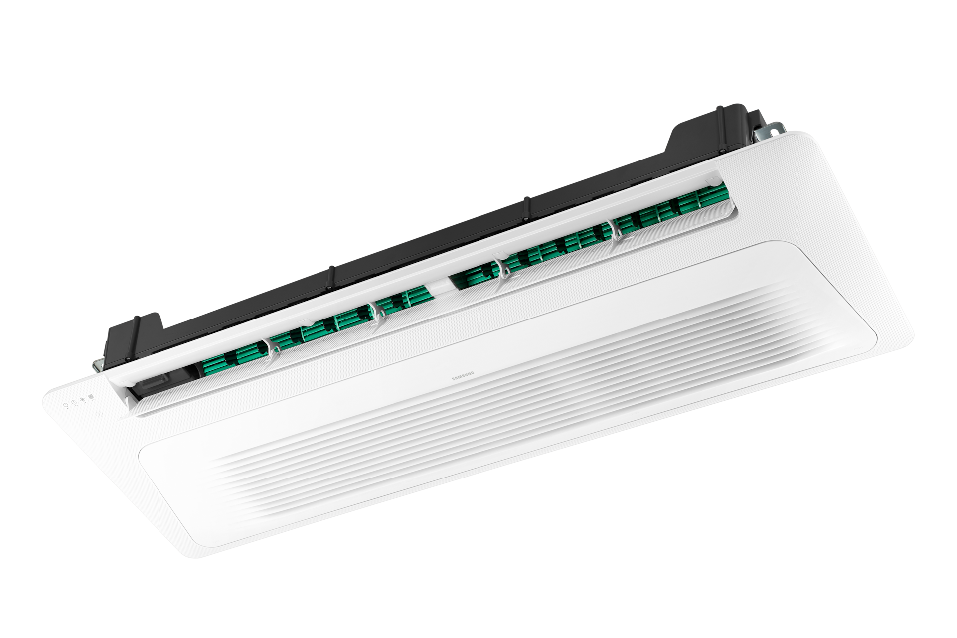 가정용 무풍 시스템에어컨 114.6㎡ 4실+Bespoke AI 에어 콤보 (우타입) 1way 천장형 가정용 시스템에어컨 실내기 전원이 켜져 있는 우측 15도 컷