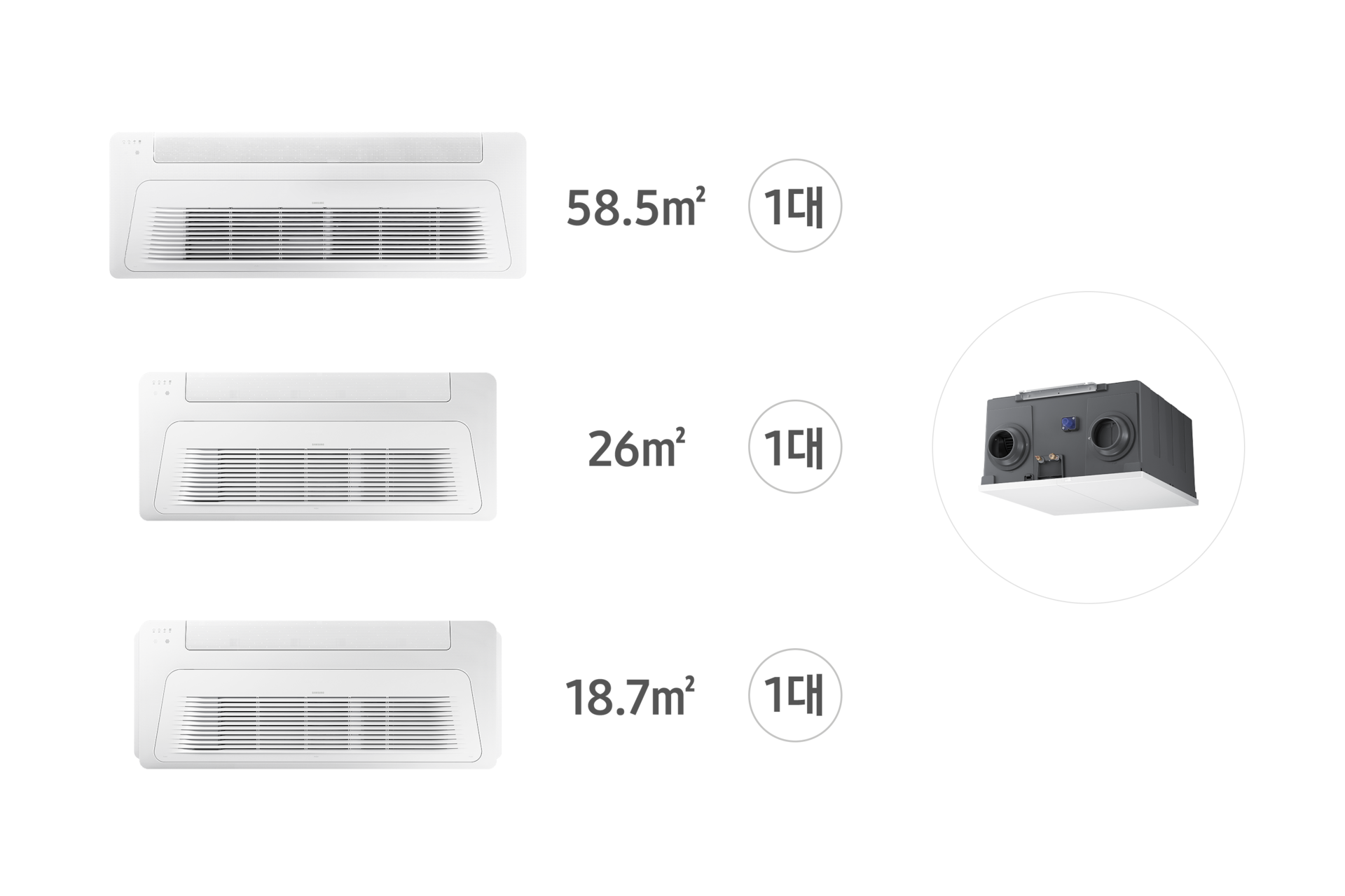 가정용 무풍 시스템에어컨 103.2㎡ 3실+Bespoke AI 에어 콤보 (우타입) 1way 천장형 가정용 시스템에어컨 실내기, 에어 콤보 리스트 형식으로 첫번째 줄 부터 AJ072BN1PBC1 58.5㎡ 1대, AJ032BN1PBC1 26㎡ 1대, AJ023BN1PBC1 18.7㎡ 1대, 에어 콤보 우타입