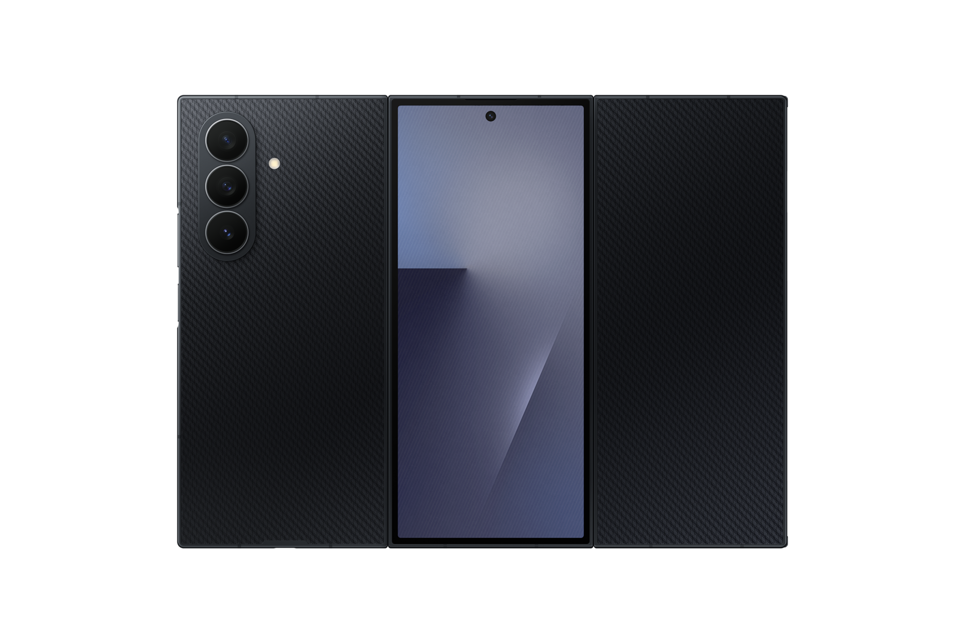 갤럭시 Z 트라이폴드 자급제 크래프티드 블랙 카메라 홀이 보이는 뒷면 펼친 이미지