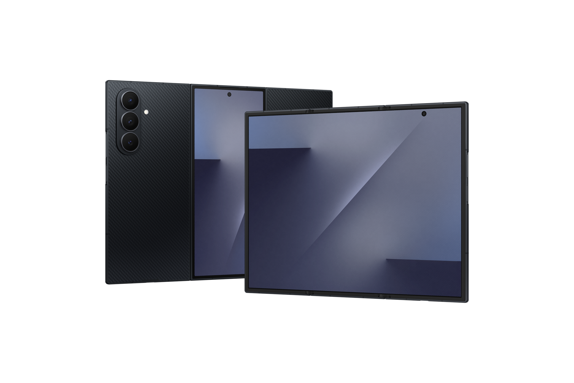 갤럭시 Z 트라이폴드 자급제 크래프티드 블랙 좌측 뒤 카메라 홀이 보이는 뒷면, 우측 앞 하단 디스플레이가 보이는 정면 제품 이미지 콤보