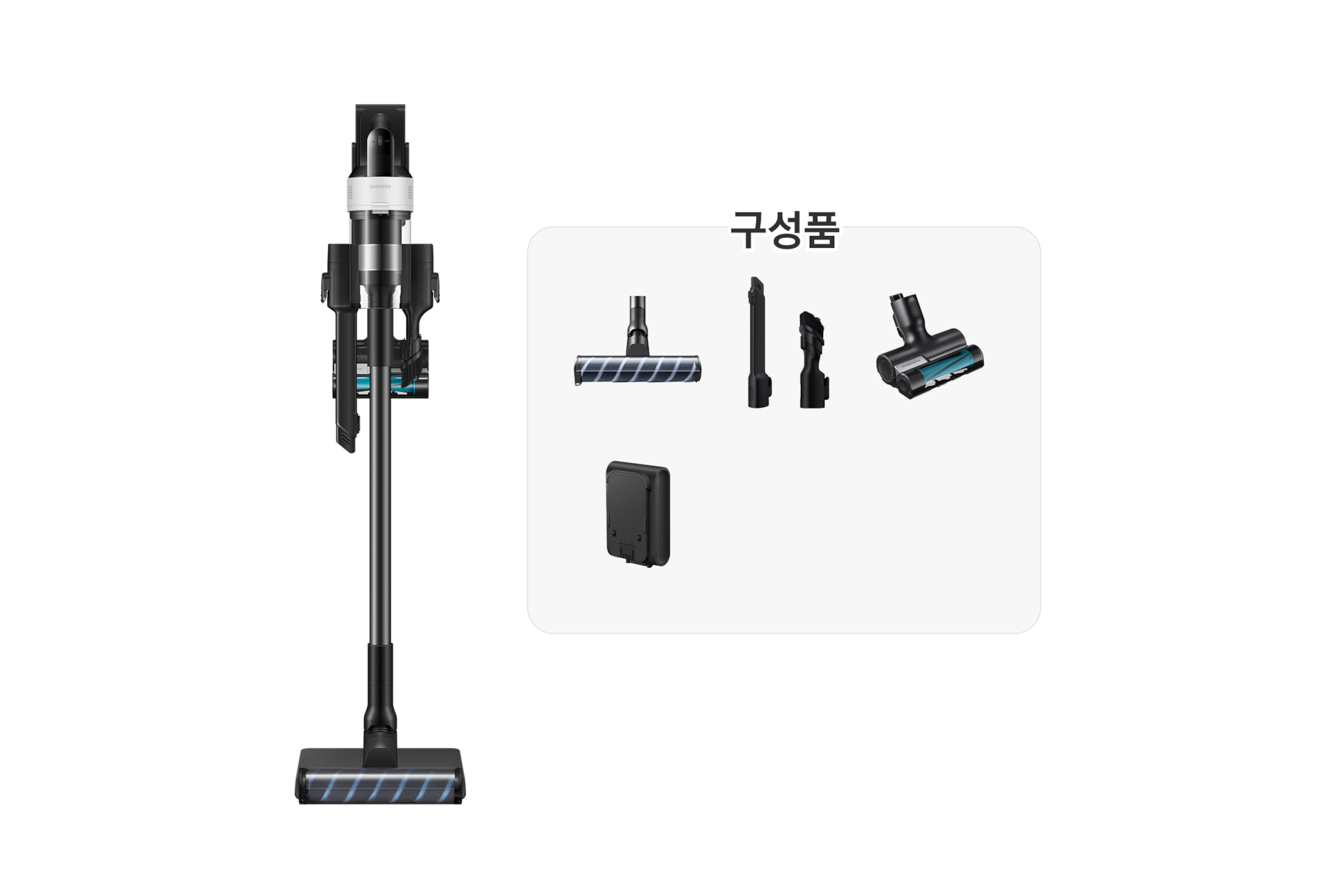 제트 핏 침구 브러시 패키지 (새틴 블랙) 거치대에 거치된 정면 + 구성품