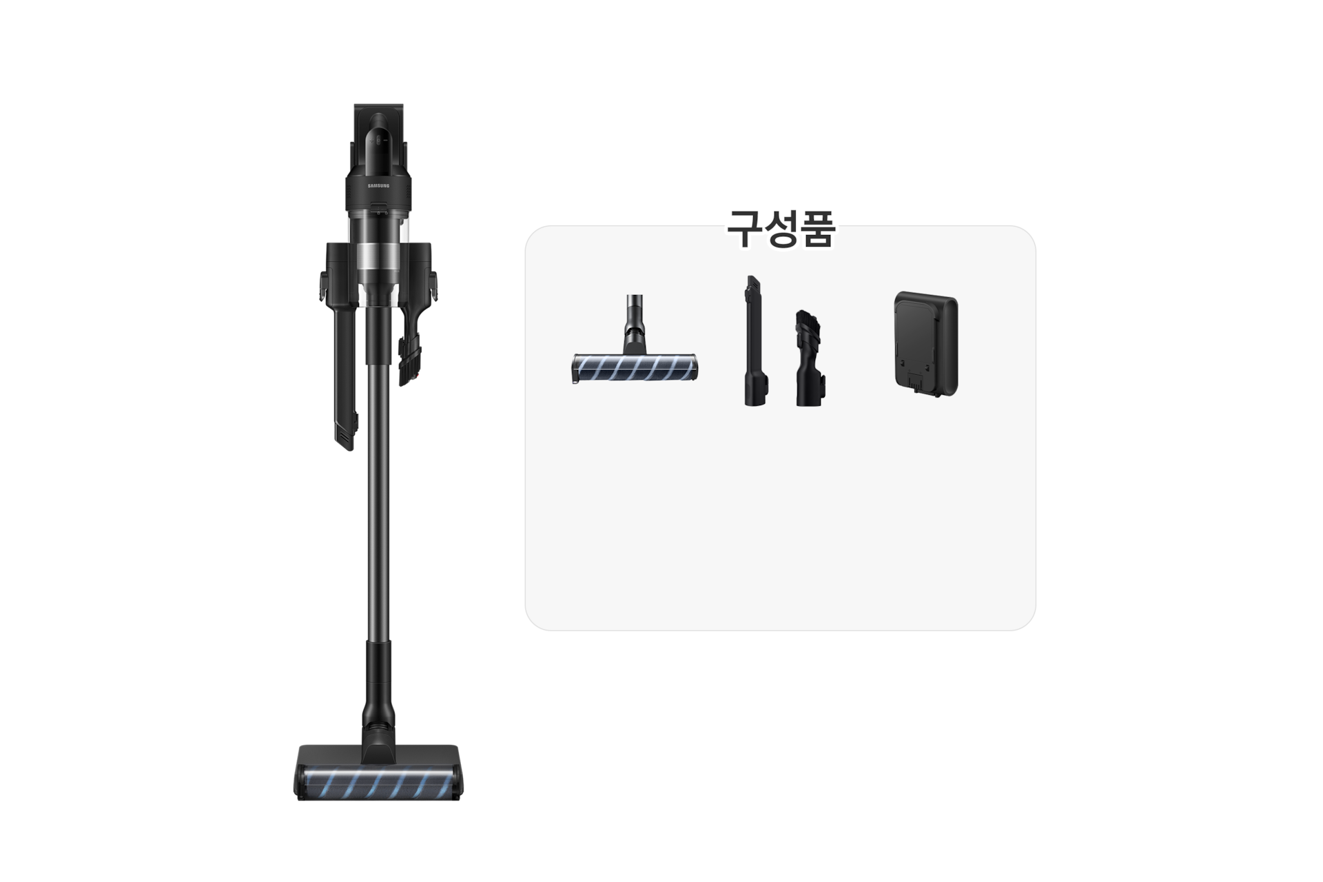 제트 핏 (새틴 블랙) 거치대에 거치된 정면 + 구성품