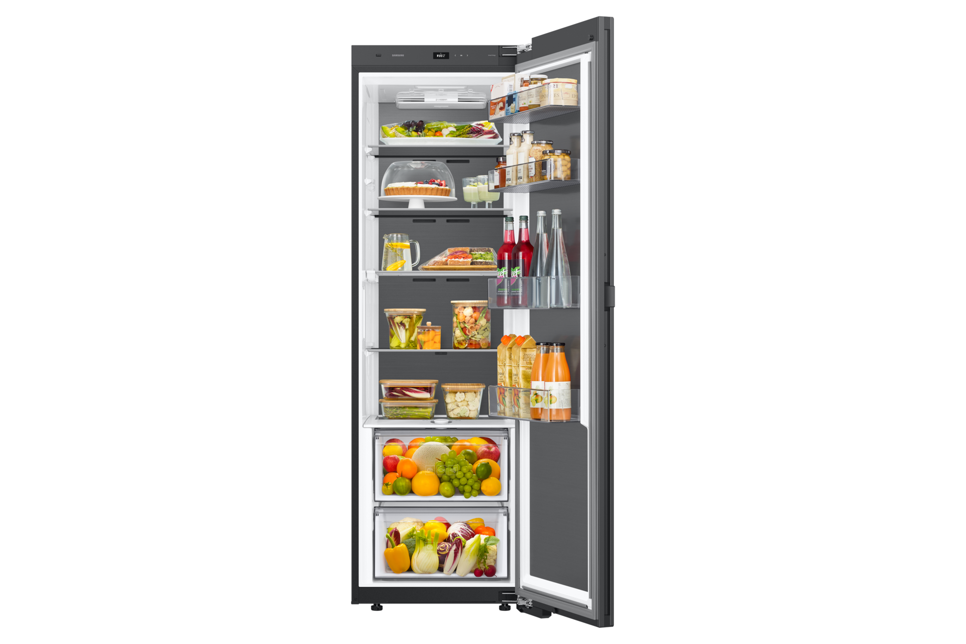 Infinite AI 냉장고 1도어 키친핏 408L (좌열림, 냉장전용) 새틴 화이트 내상 푸드컷