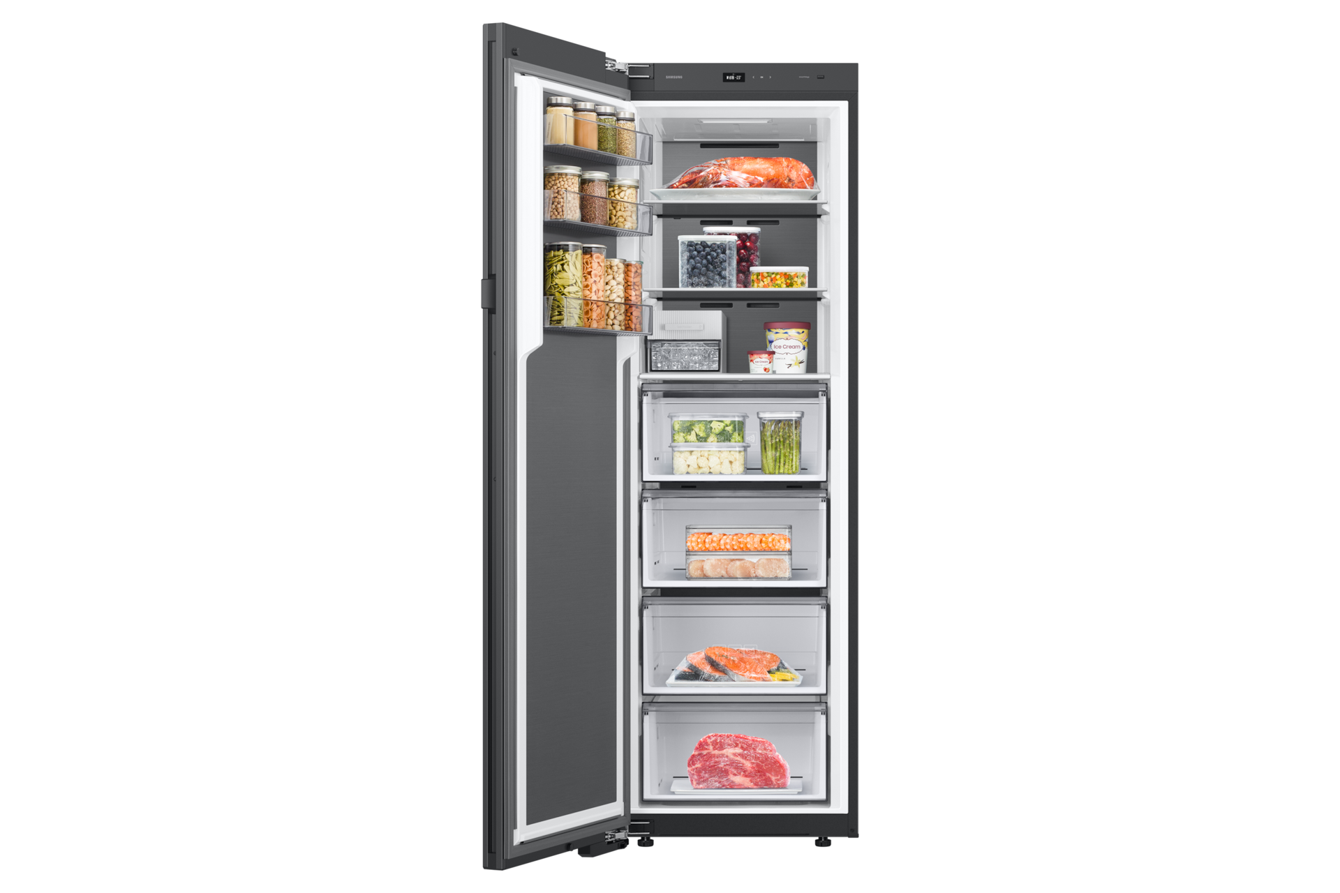 Infinite AI 냉동고 1도어 키친핏 347L (우열림, 냉동전용) 새틴 화이트 내상 푸드컷