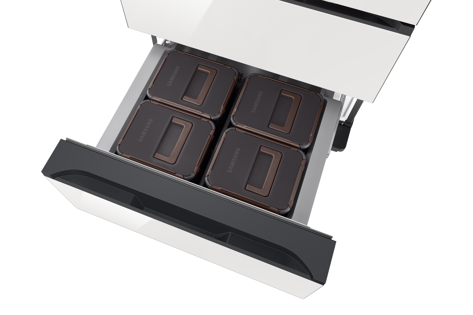 Bespoke AI 김치플러스 4도어 583L (AI 정온 모드) 클린 화이트 하칸 슬라이드 아웃, 윗면 시점