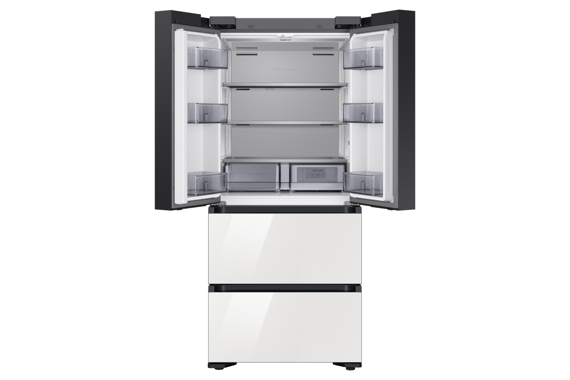 Bespoke AI 김치플러스 4도어 583L (AI 정온 모드) 클린 화이트 정면 상칸 도어 열림