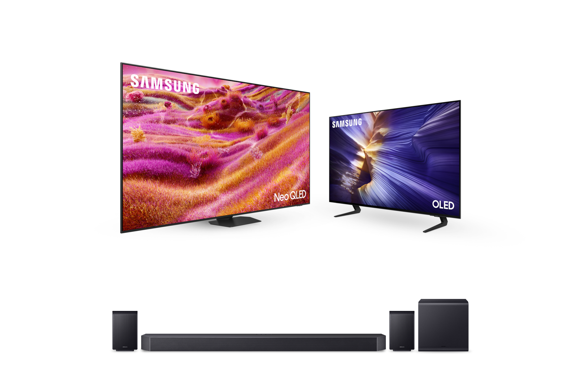 2025 Neo QLED QNF90 (247cm) 스탠드형 우측 45도+2025 OLED SF9E (105cm) 스탠드형 좌측 45도+11.1.4ch 사운드바 Q990F 정면 페어이미지