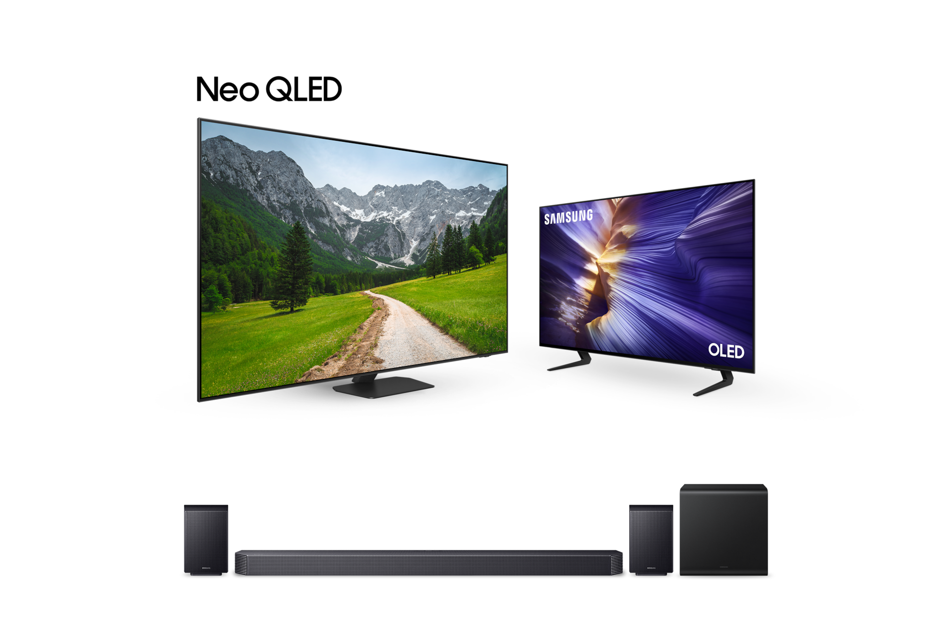 2025 Neo QLED QNF90 (214cm) 스탠드형 우측 45도+2025 OLED SF9E (105cm) 스탠드형 좌측 45도+9.1.4ch 사운드바 Q930F 정면 페어이미지