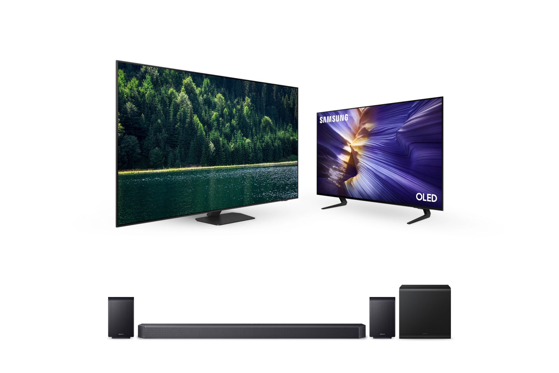 2025 Neo QLED QNF95 (214cm) 스탠드형 우측 45도+2025 OLED SF9E (105cm) 스탠드형 좌측 45도+9.1.4ch 사운드바 Q930F 정면 페어이미지
