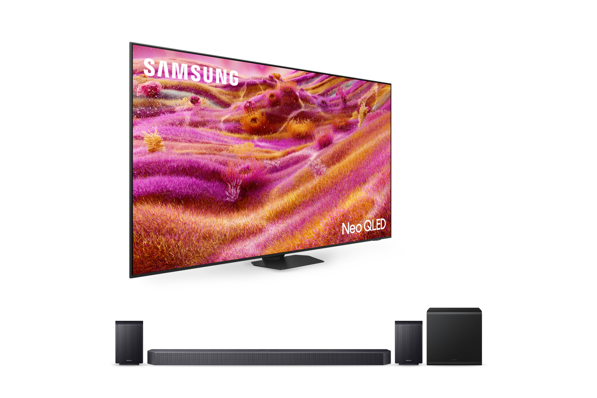 2025 Neo QLED QNF90 (247cm) 스탠드형 우측 45도+9.1.4ch 사운드바 Q930F 정면 페어이미지