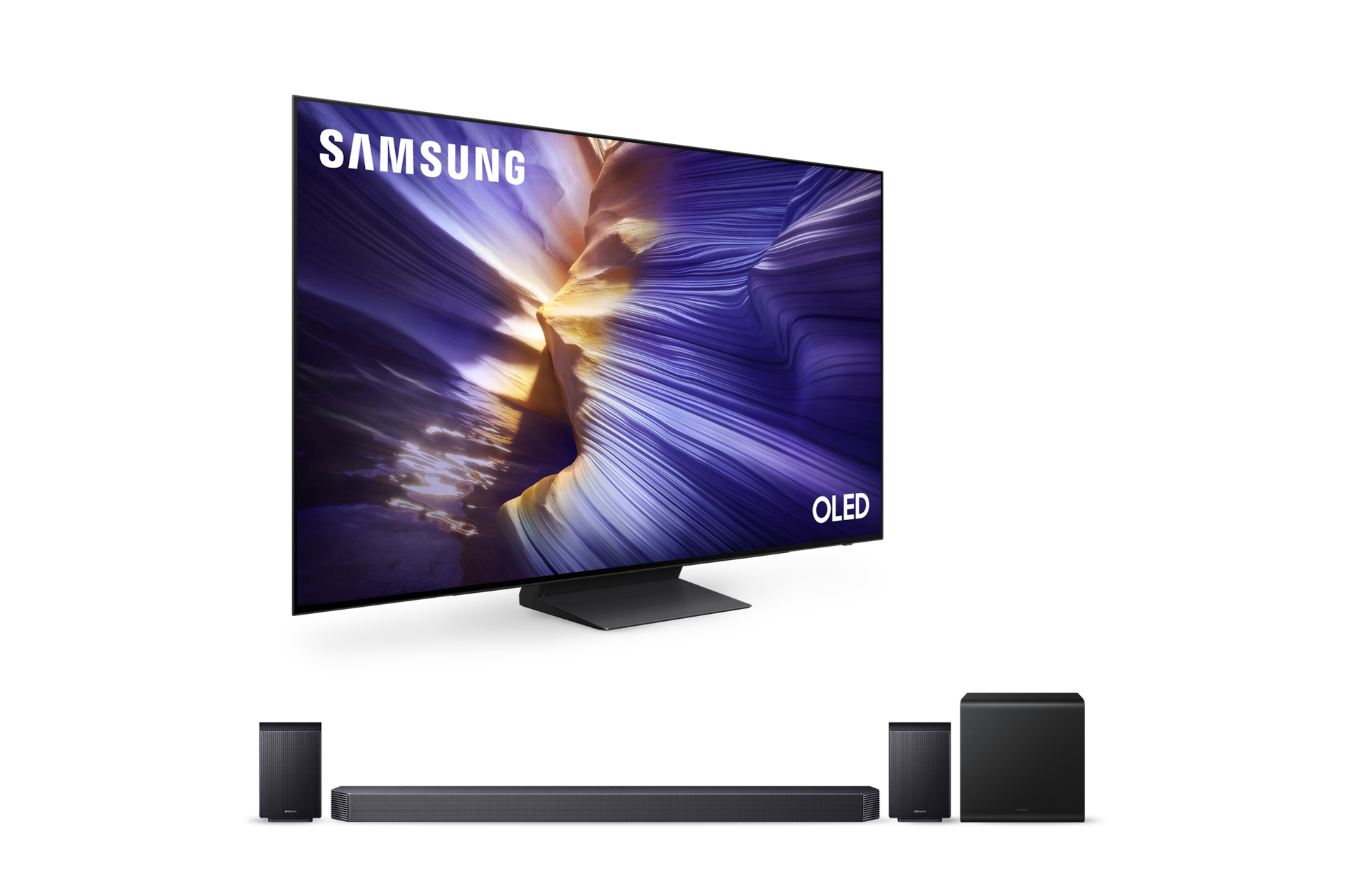 2025 OLED SF90 (209cm) 스탠드형 우측 45도+9.1.4ch 사운드바 Q930F 정면 페어이미지