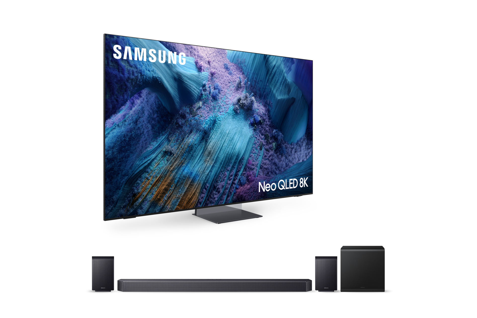 2025 Neo QLED 8K QNF990 (214cm) (솔라셀 리모트 미포함) 스탠드형 우측 45도+9.1.4ch 사운드바 Q930F 정면 페어이미지