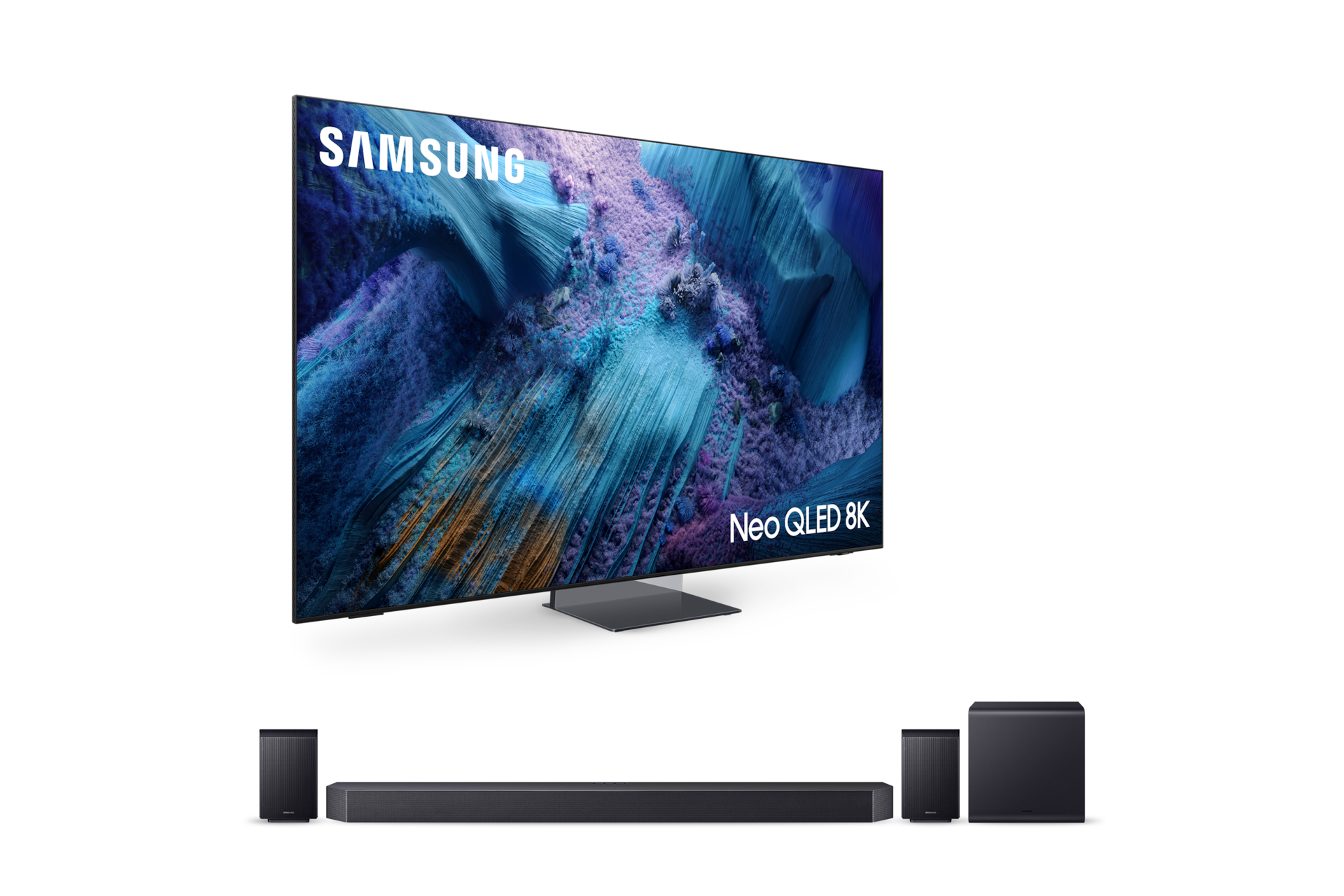 2025 Neo QLED 8K QNF990 (214cm) (솔라셀 리모트 미포함) 스탠드형 우측 45도+11.1.4ch 사운드바 Q990F 정면 페어이미지