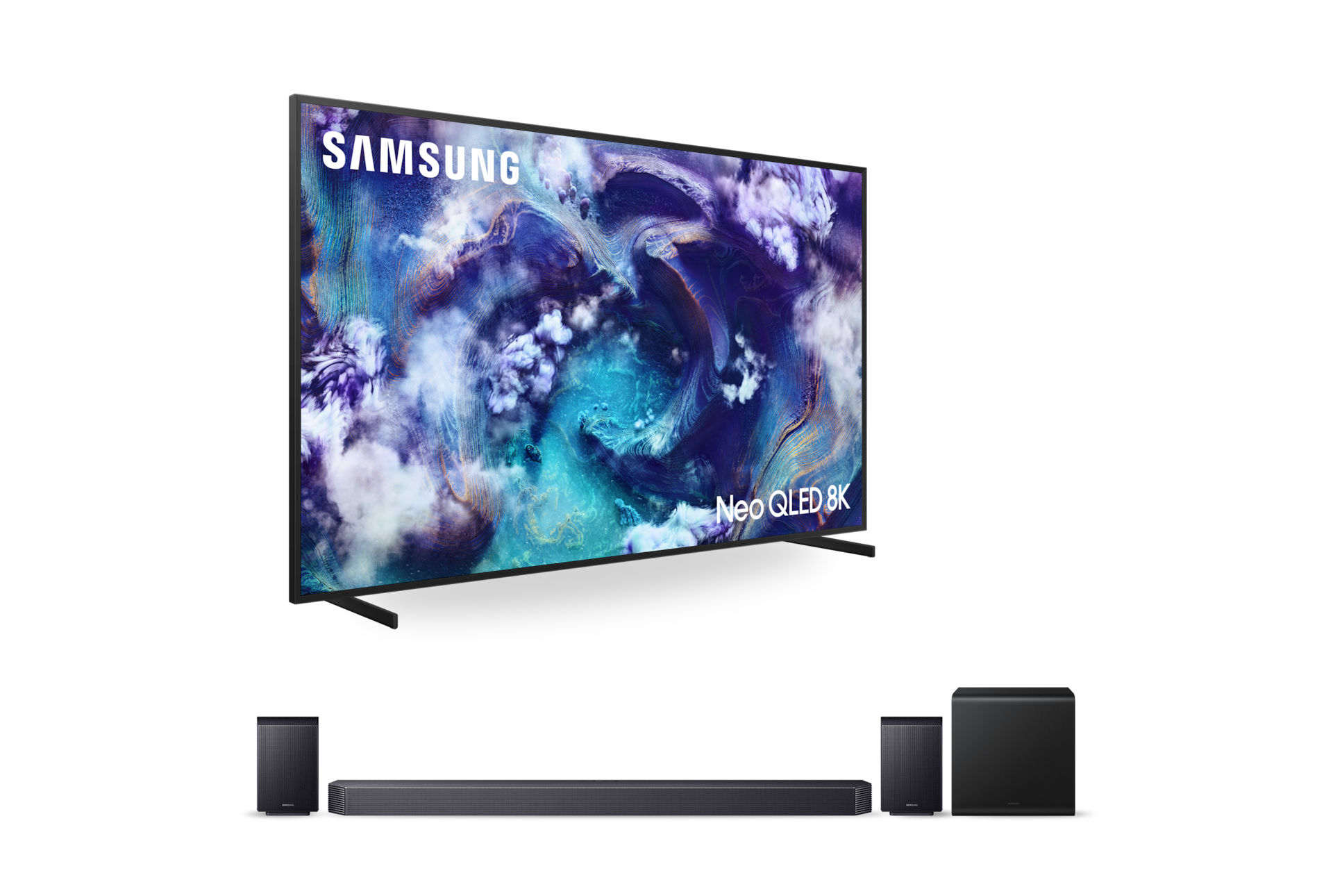 2025 Neo QLED 8K QNF900 (214cm) (솔라셀 리모트 미포함) 스탠드형 우측 45도+9.1.4ch 사운드바 Q930F 정면 페어이미지