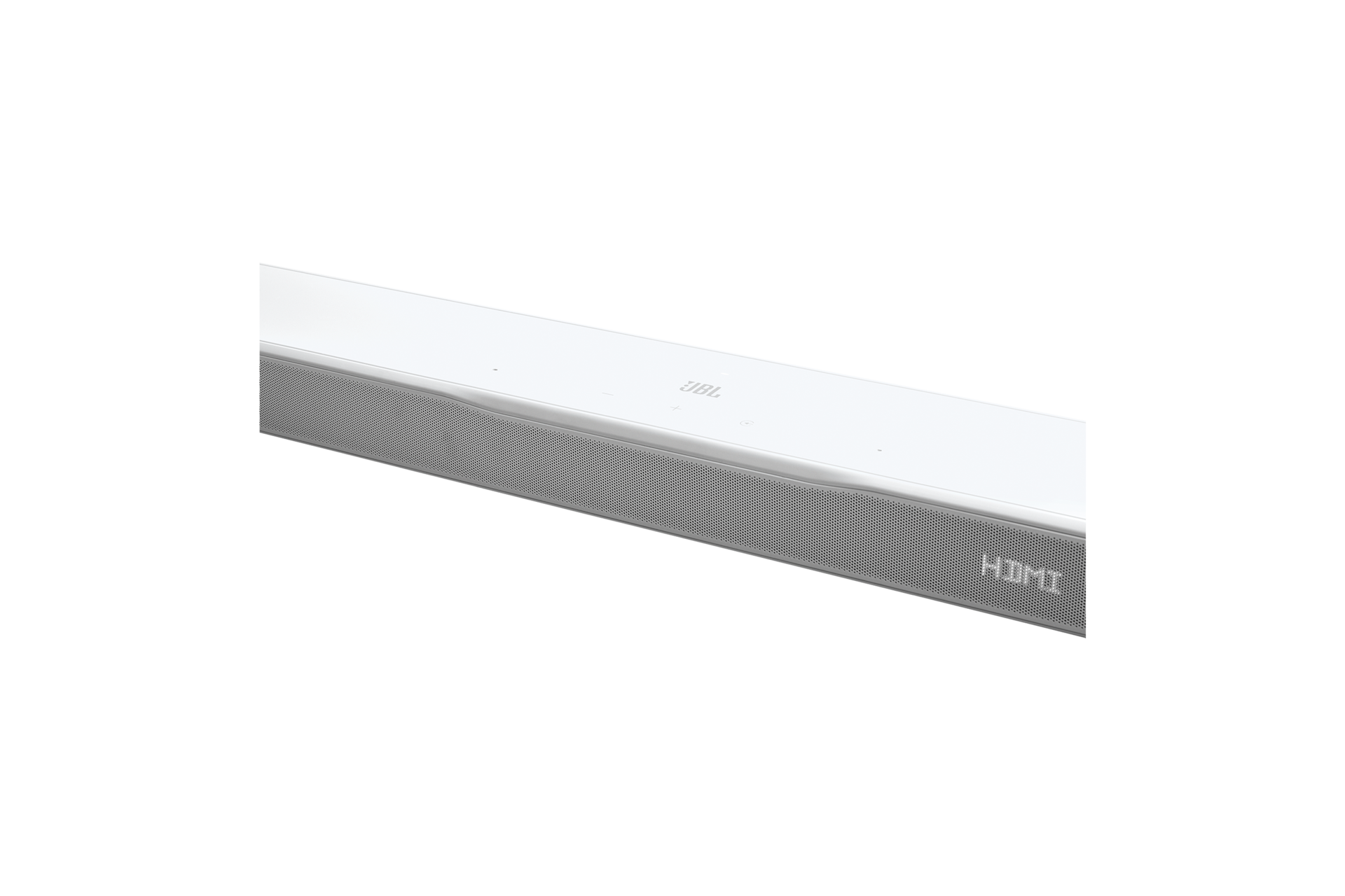 JBL BAR 300 MK2 원바디 사운드바 화이트 로고 및 버튼 부분 확대 컷