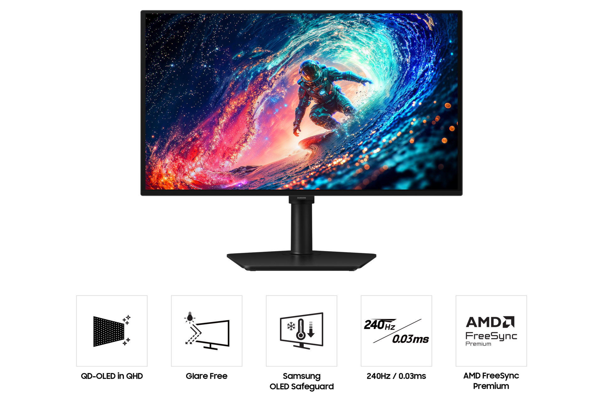 오디세이 OLED G6 G61SH QHD 240Hz (LS27HG610S) 정면과 아래에 5가지 특장점이 아이콘과 함께 노출