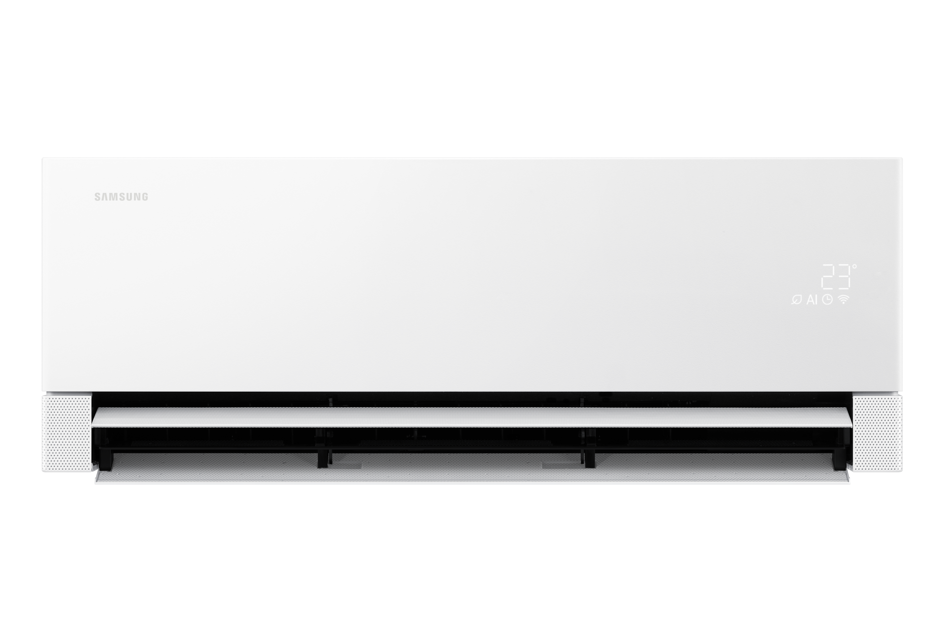 Bespoke AI 무풍콤보 갤러리 프로 청정 74.5/18.7㎡ 전원이 켜져 있는 벽걸이 에어컨 정면