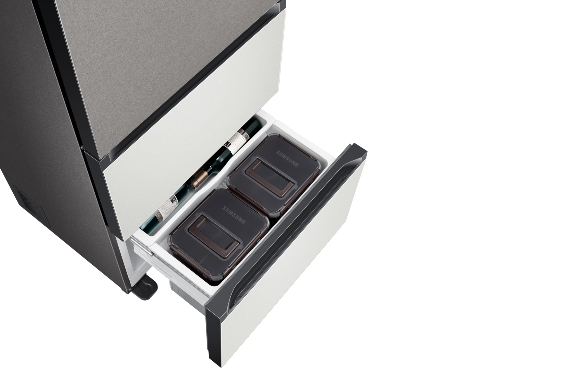 Bespoke 김치플러스 3도어 키친핏 313L 상칸 바이브 다크 그레이, 중·하칸 코타 화이트 하칸 슬라이드 아웃