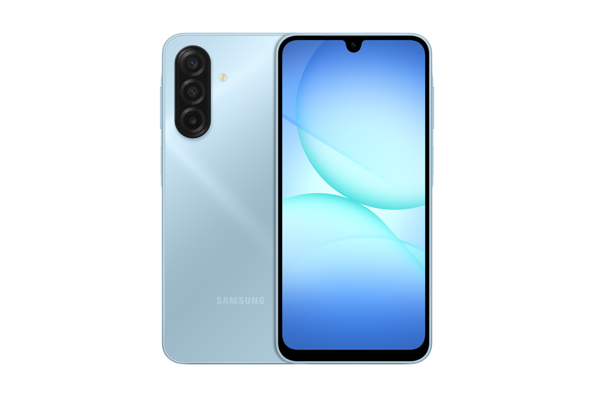 갤럭시 A17 자급제 라이트 블루  왼쪽에는 카메라 홀이 보이는 뒷면, 오른쪽에는 디스플레이가 보이는 앞면의 A17 두대가 보입니다. 