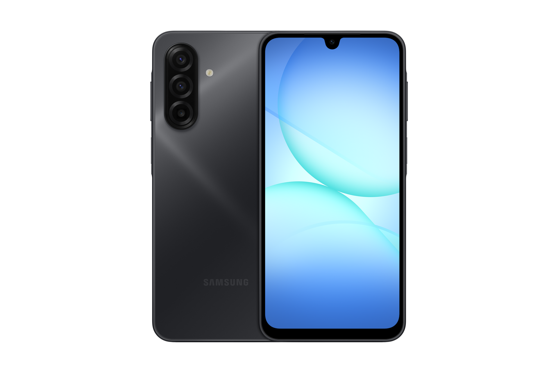 갤럭시 A17 자급제 블랙 왼쪽에는 카메라 홀이 보이는 뒷면, 오른쪽에는 디스플레이가 보이는 앞면의 A17 두대가 보입니다.