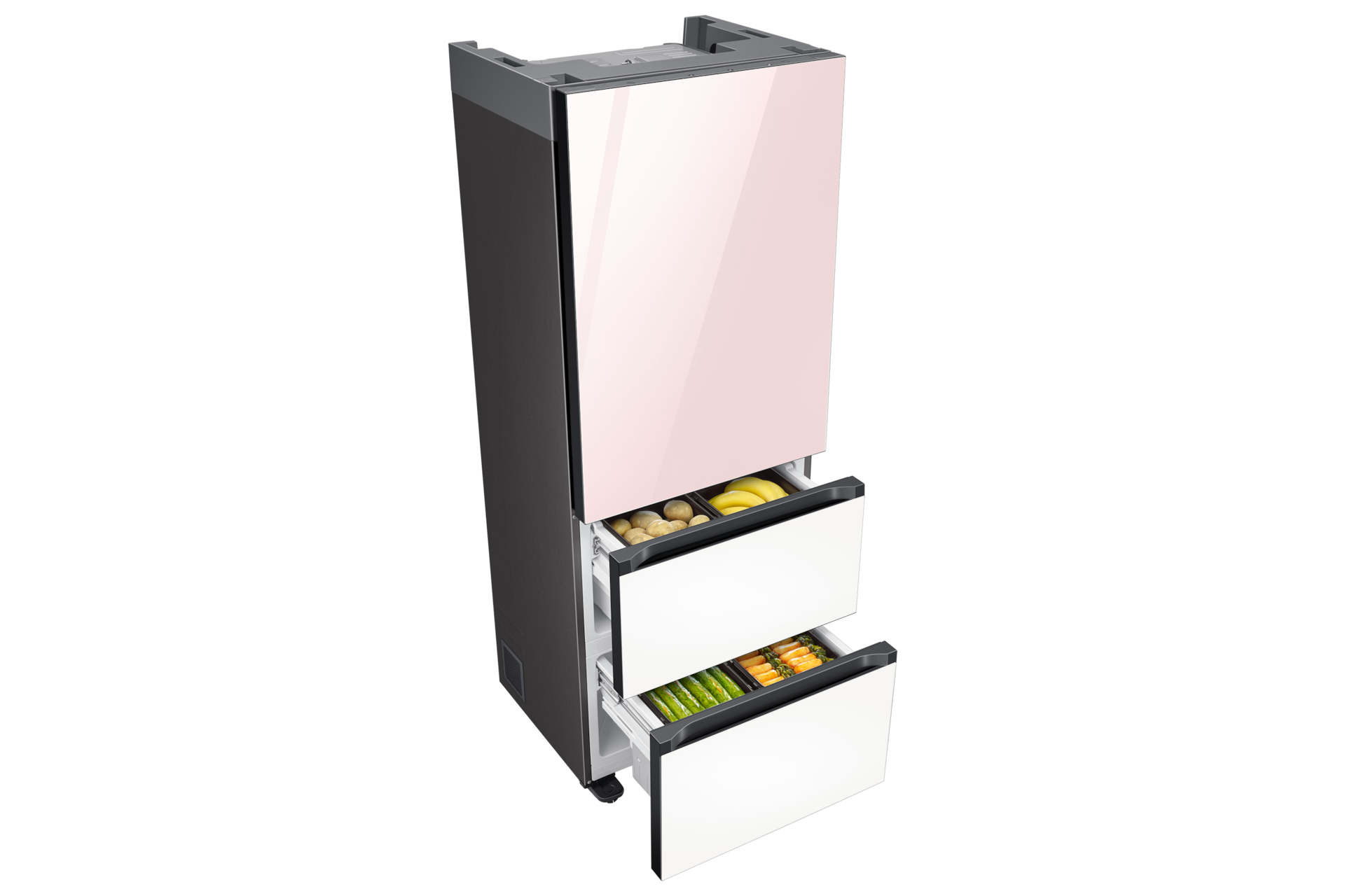 Bespoke 김치플러스 3도어 키친핏 313L 상칸 글램 핑크, 중·하칸 새틴 화이트 좌측면 중·하칸 슬라이드 아웃(식재료 포함)