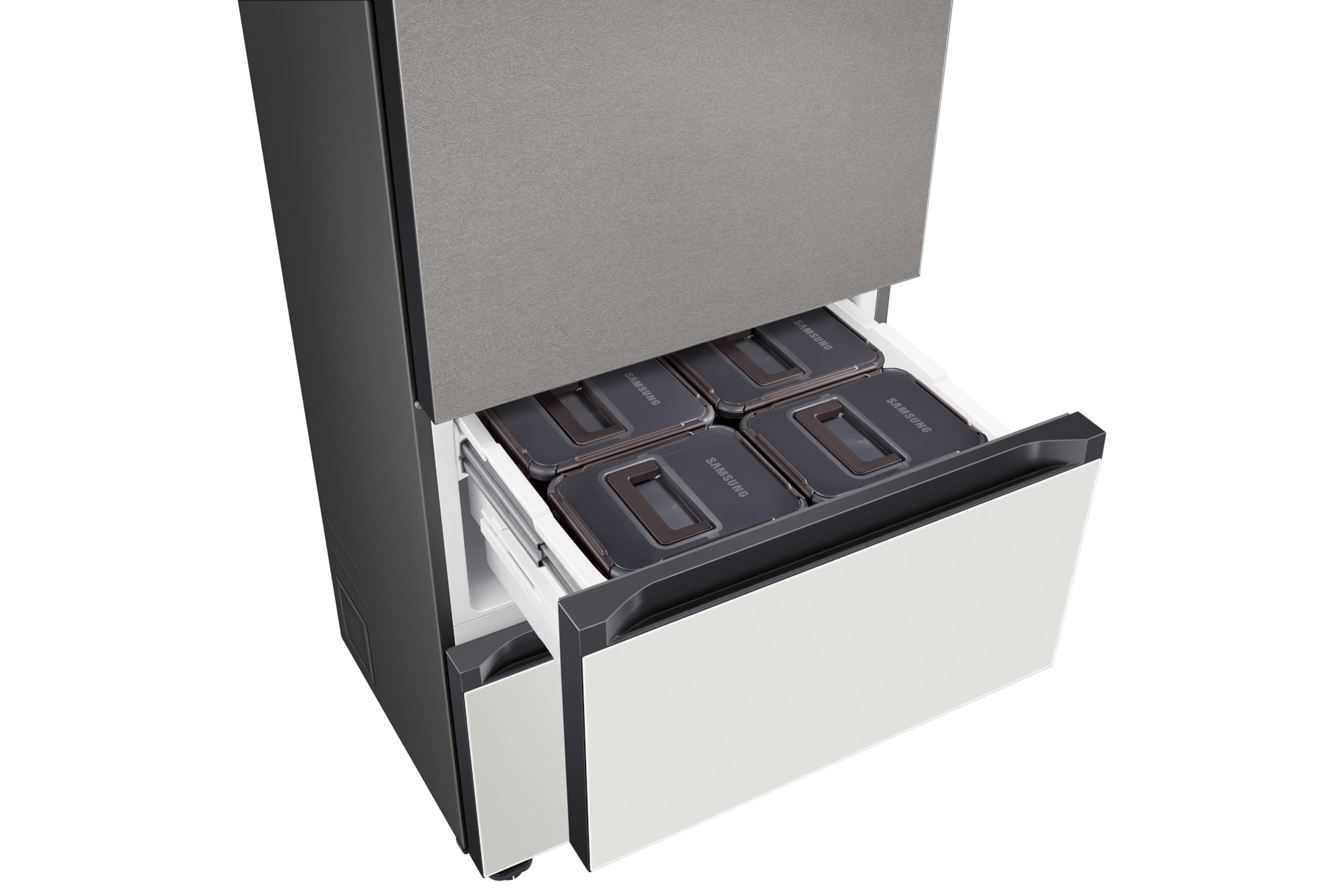 Bespoke 김치플러스 3도어 키친핏 313L 상칸 바이브 다크 그레이, 중·하칸 코타 화이트 중칸 슬라이드 아웃