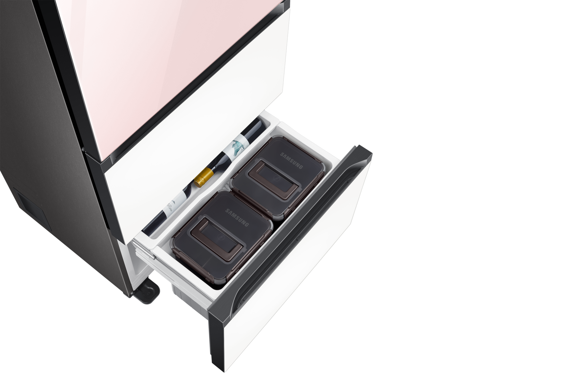 Bespoke 김치플러스 3도어 키친핏 313L 상칸 글램 핑크, 중·하칸 새틴 화이트 하칸 슬라이드 아웃