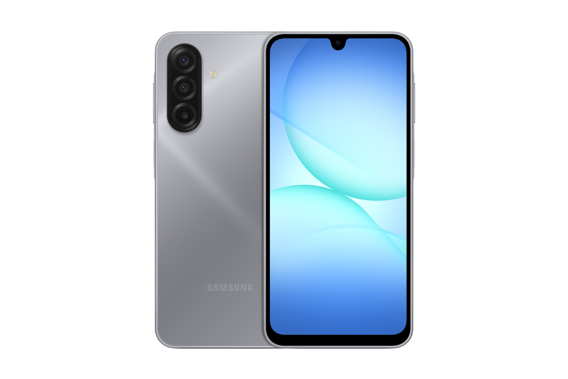 갤럭시 A17 자급제 그레이  왼쪽에는 카메라 홀이 보이는 뒷면, 오른쪽에는 디스플레이가 보이는 앞면의 A17 두대가 보입니다. 