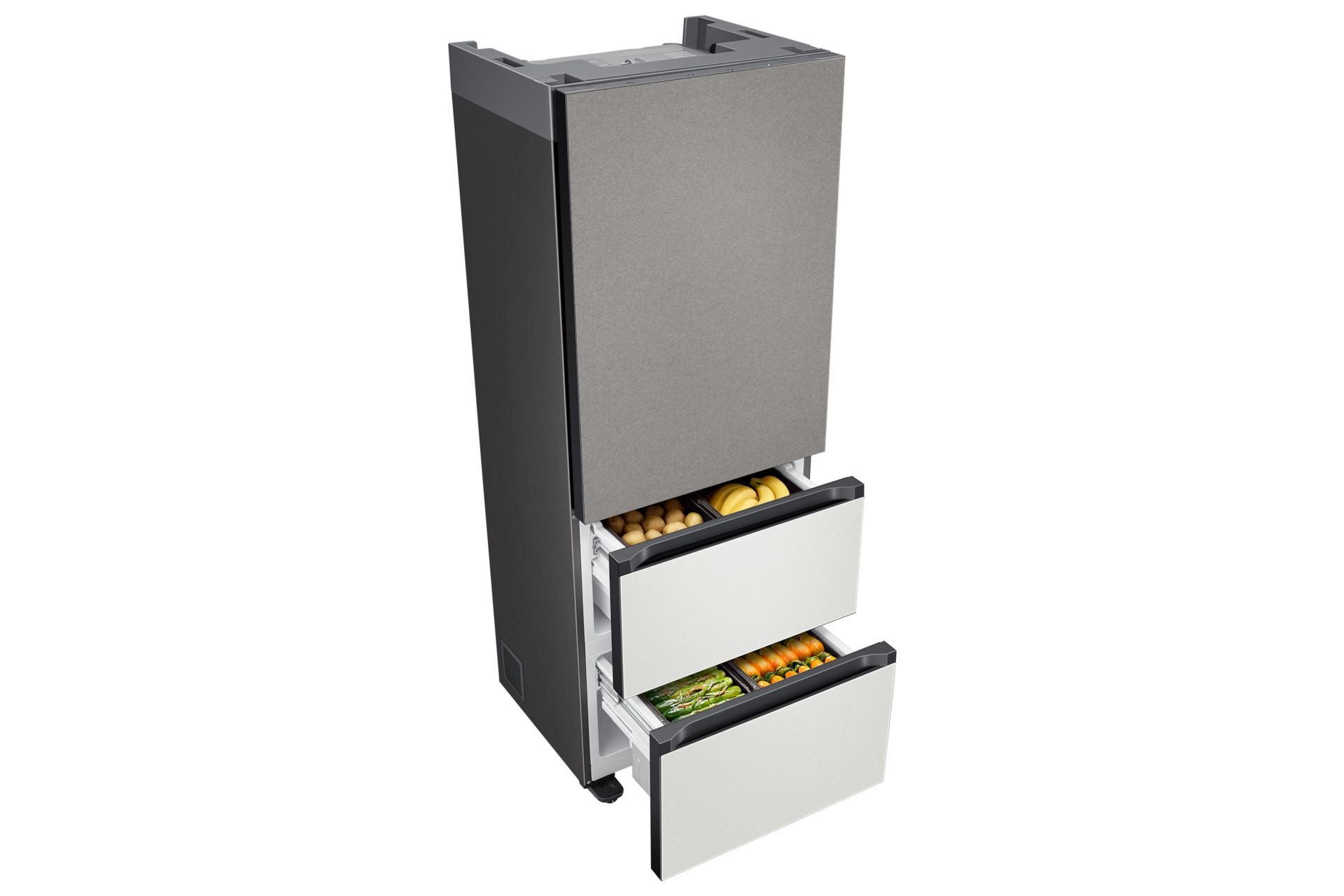 Bespoke 김치플러스 3도어 키친핏 313L 상칸 바이브 다크 그레이, 중·하칸 코타 화이트 좌측면 중·하칸 슬라이드 아웃(식재료 포함)