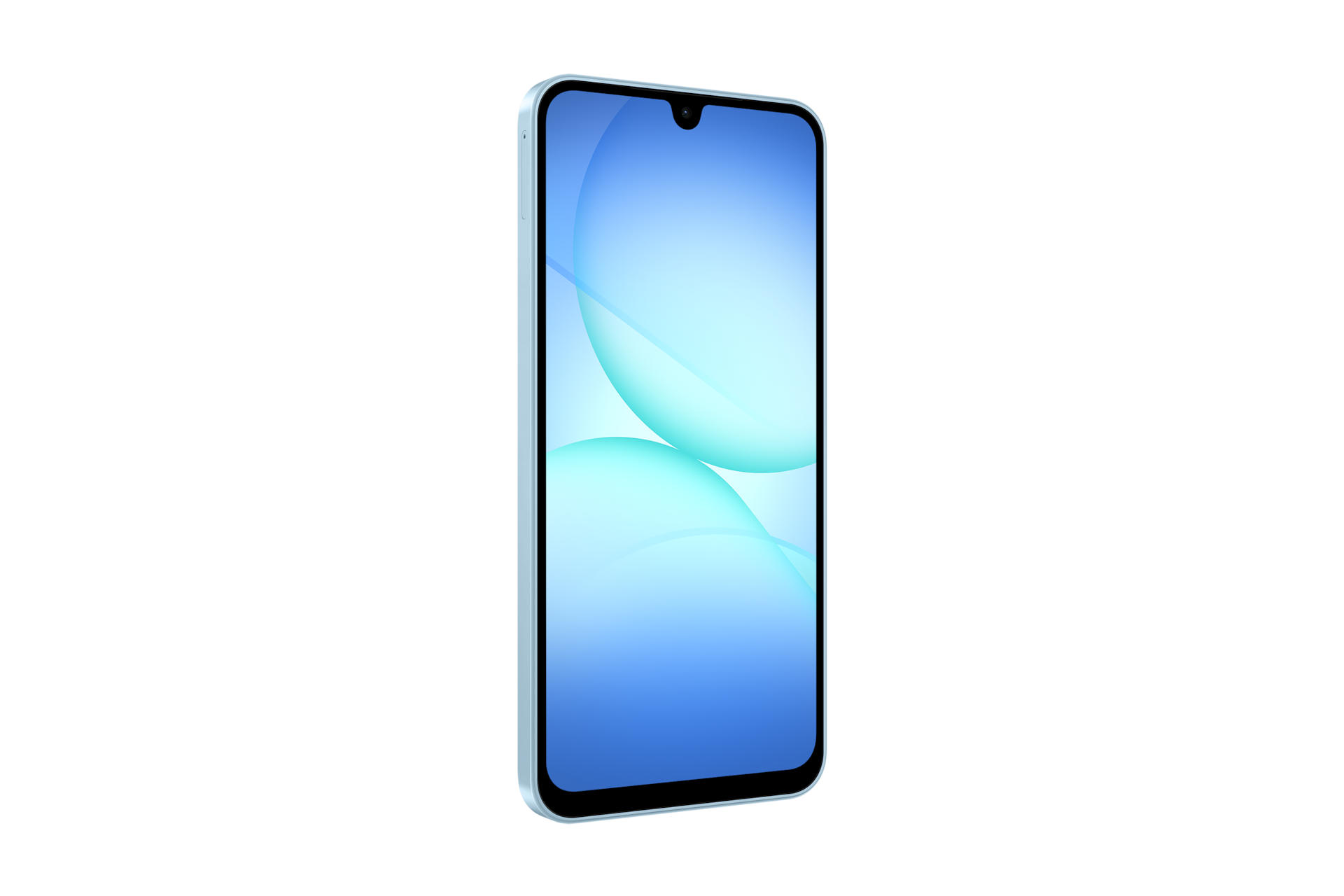 갤럭시 A17 자급제 라이트 블루 디스플레이가 보이는 앞면 좌측 45도