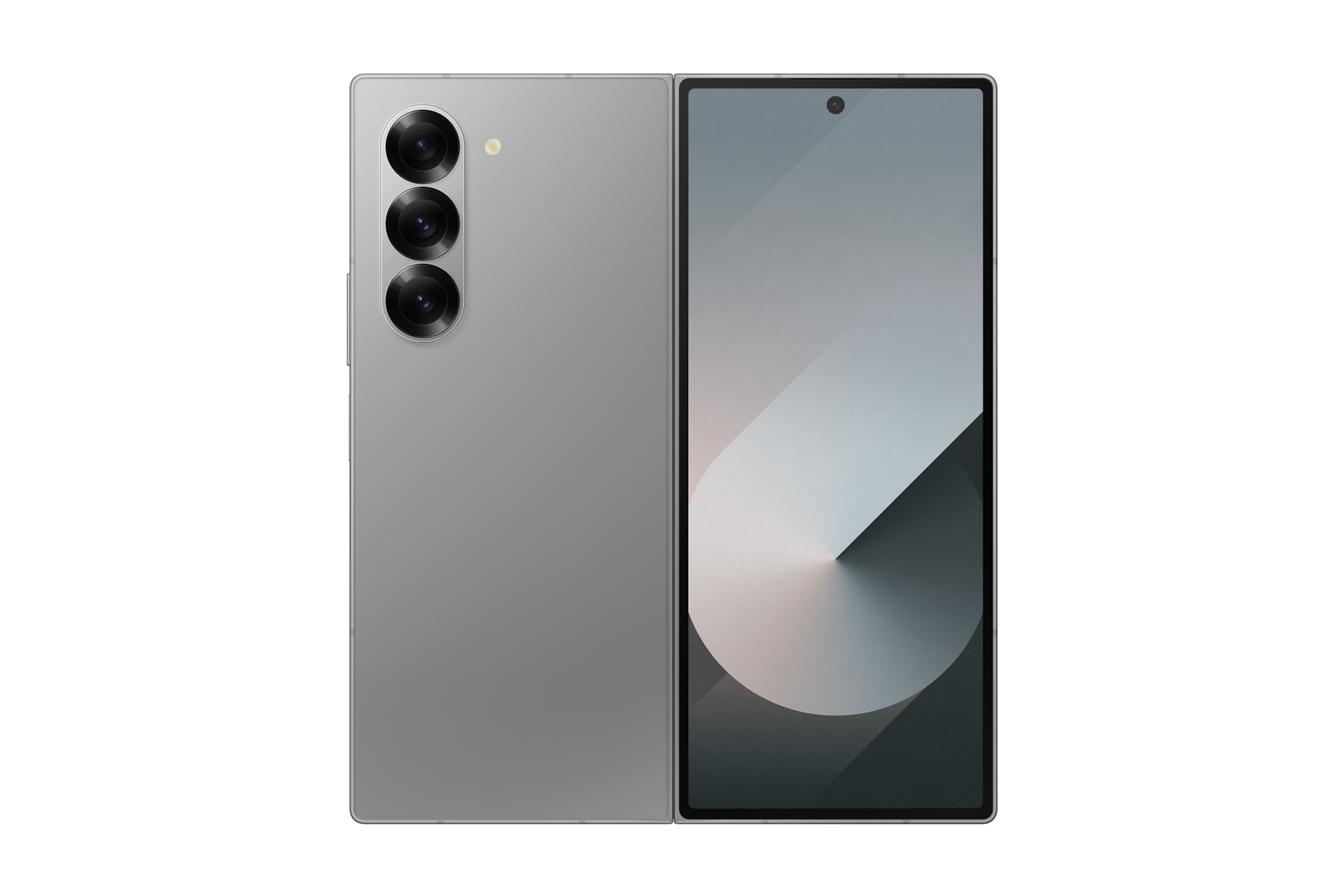갤럭시 Z 폴드6 인증중고폰 자급제 실버 쉐도우 완전히 펼쳐진 상태로 좌측 카메라 홀과 우측 외부 디스플레이가 보이는 뒷면