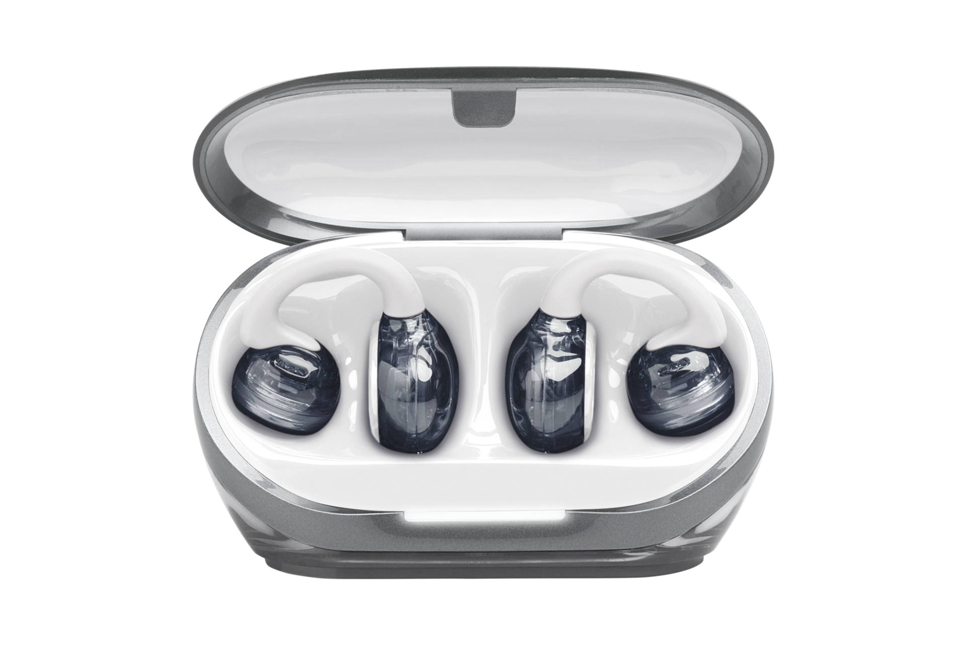 JBL SOUNDGEAR CLIPS 오픈 이어 블루투스 이어폰 화이트 케이스가 열린 모습