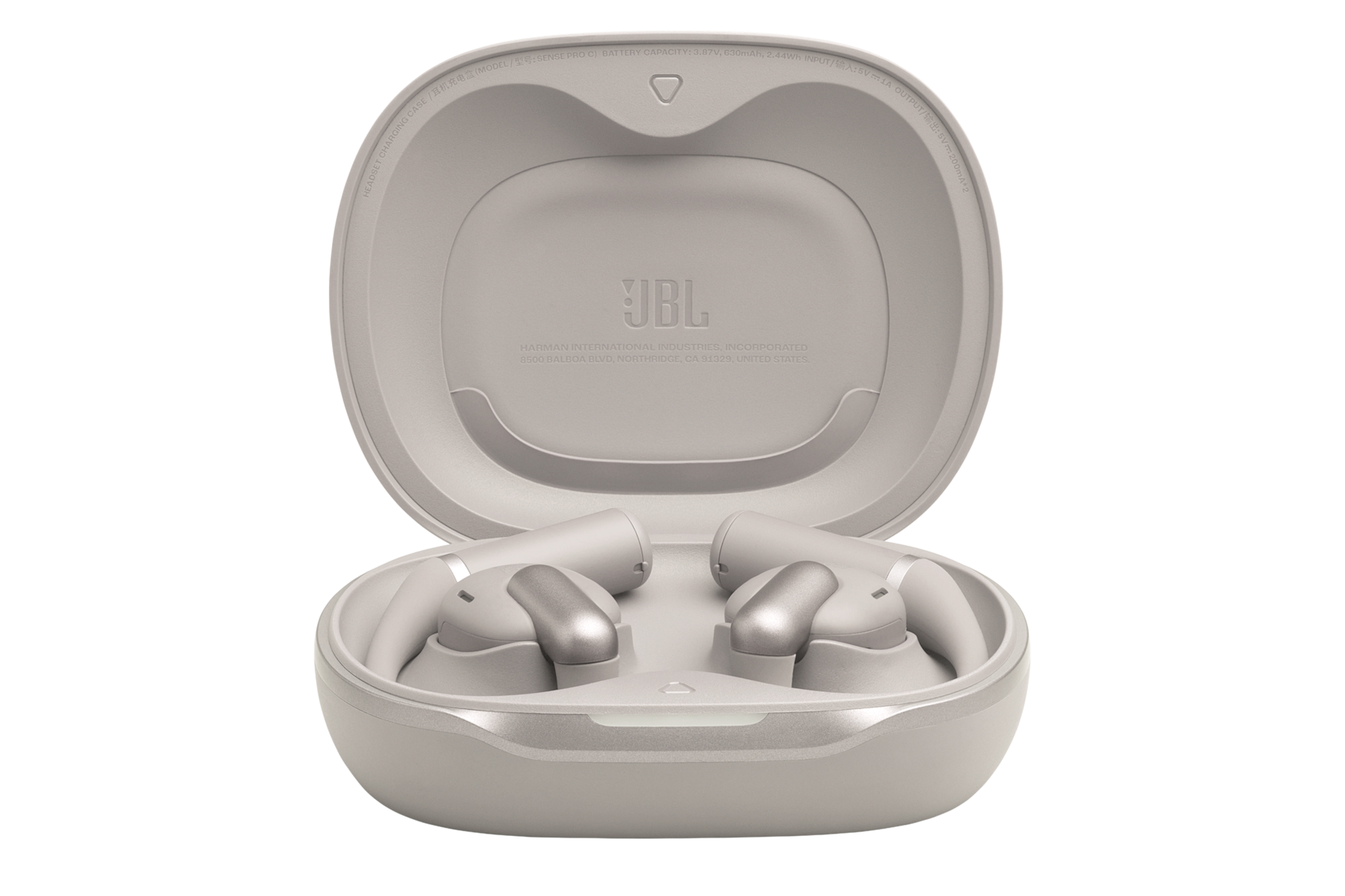 JBL SENSE PRO 오픈 이어 블루투스 이어폰 그레이 케이스가 열린 모습